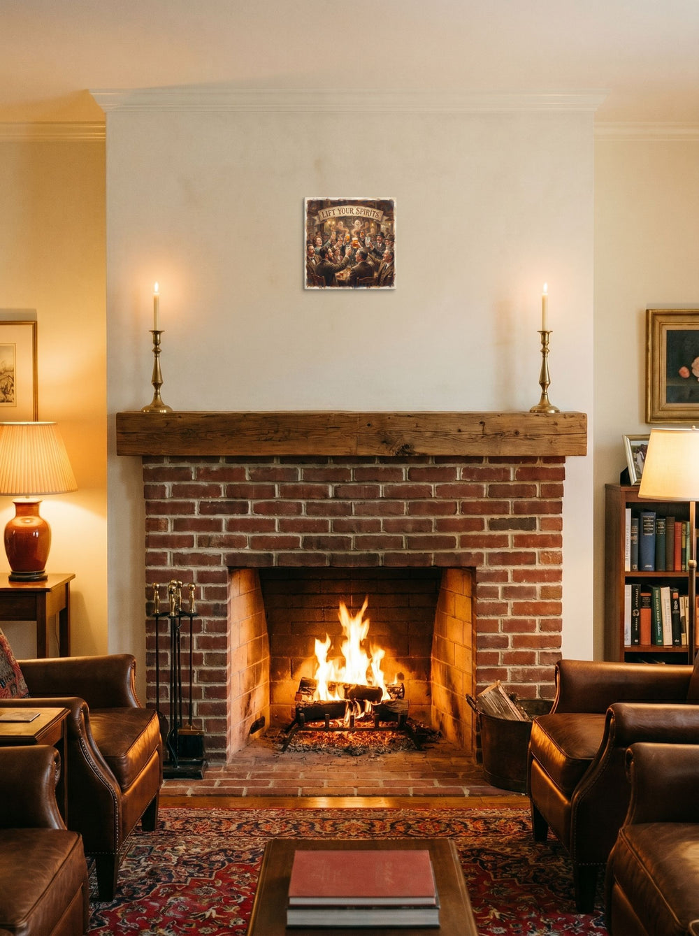 The canvas print 'Lift Your Spirits' displayed above a fireplace, shown at 12x12 inch.