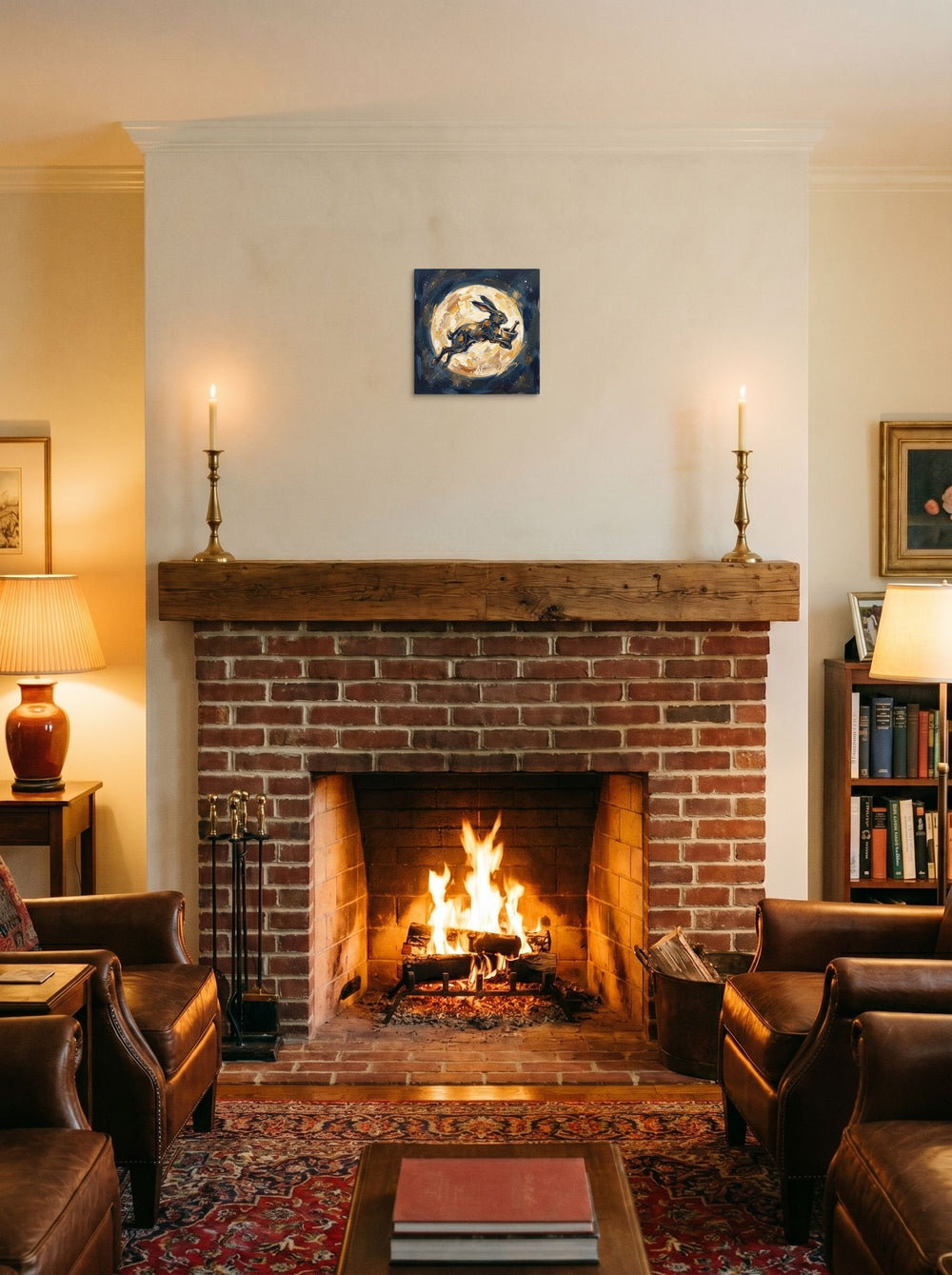 'Celestial Hare' in 12x12 inch canvas, hung over a fireplace as a focal point.