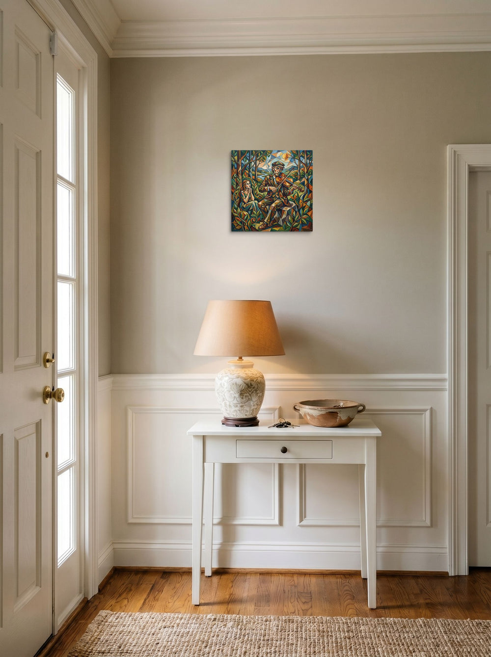 canvas wall art 'Orpheus and Eurydice' hanging in an entryway near a console, at 12x12 inch.