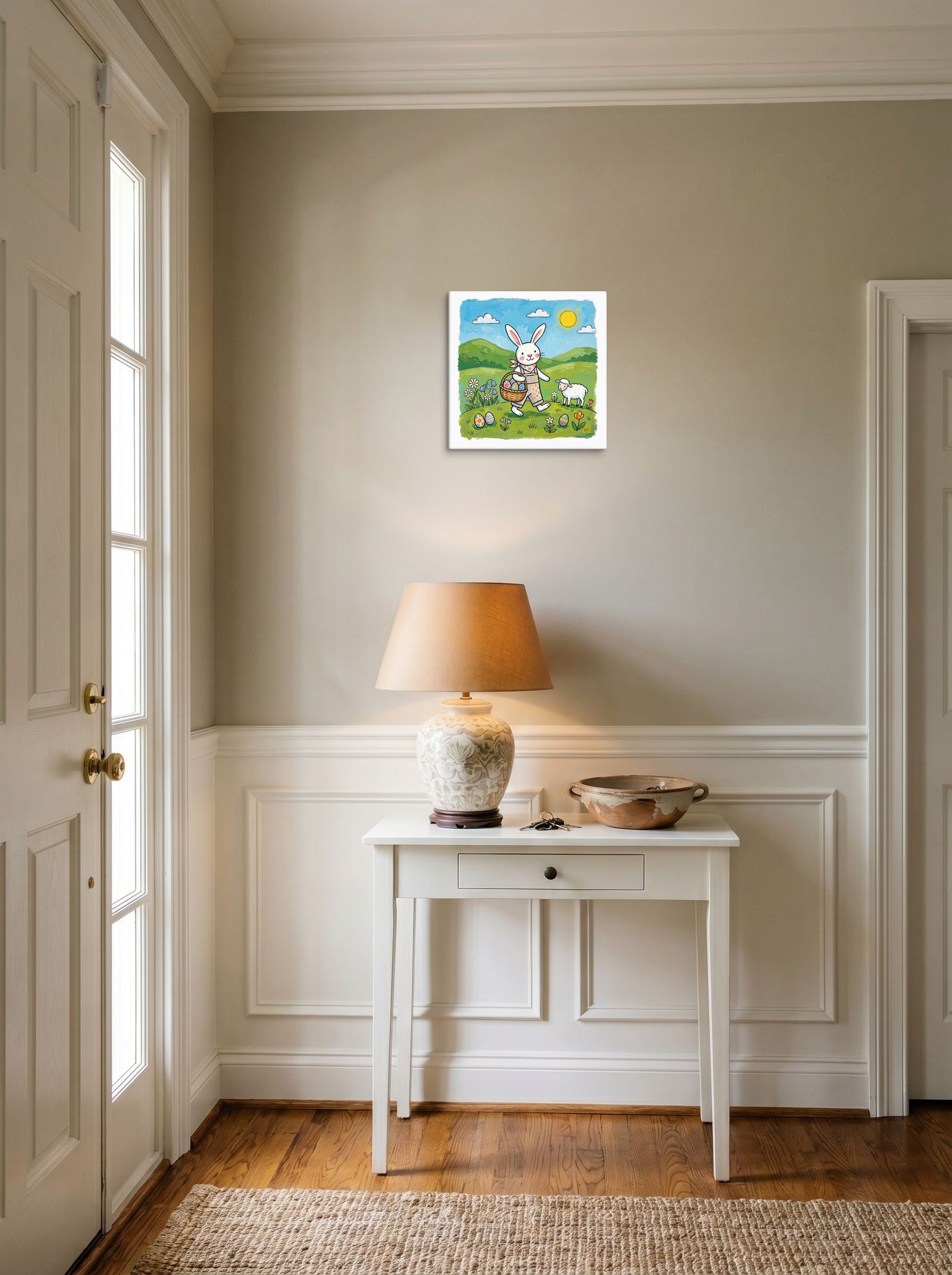 A 12x12 inch canvas Naive art print of 'Easter Bunny Stroll' hanging in an entryway near a console.