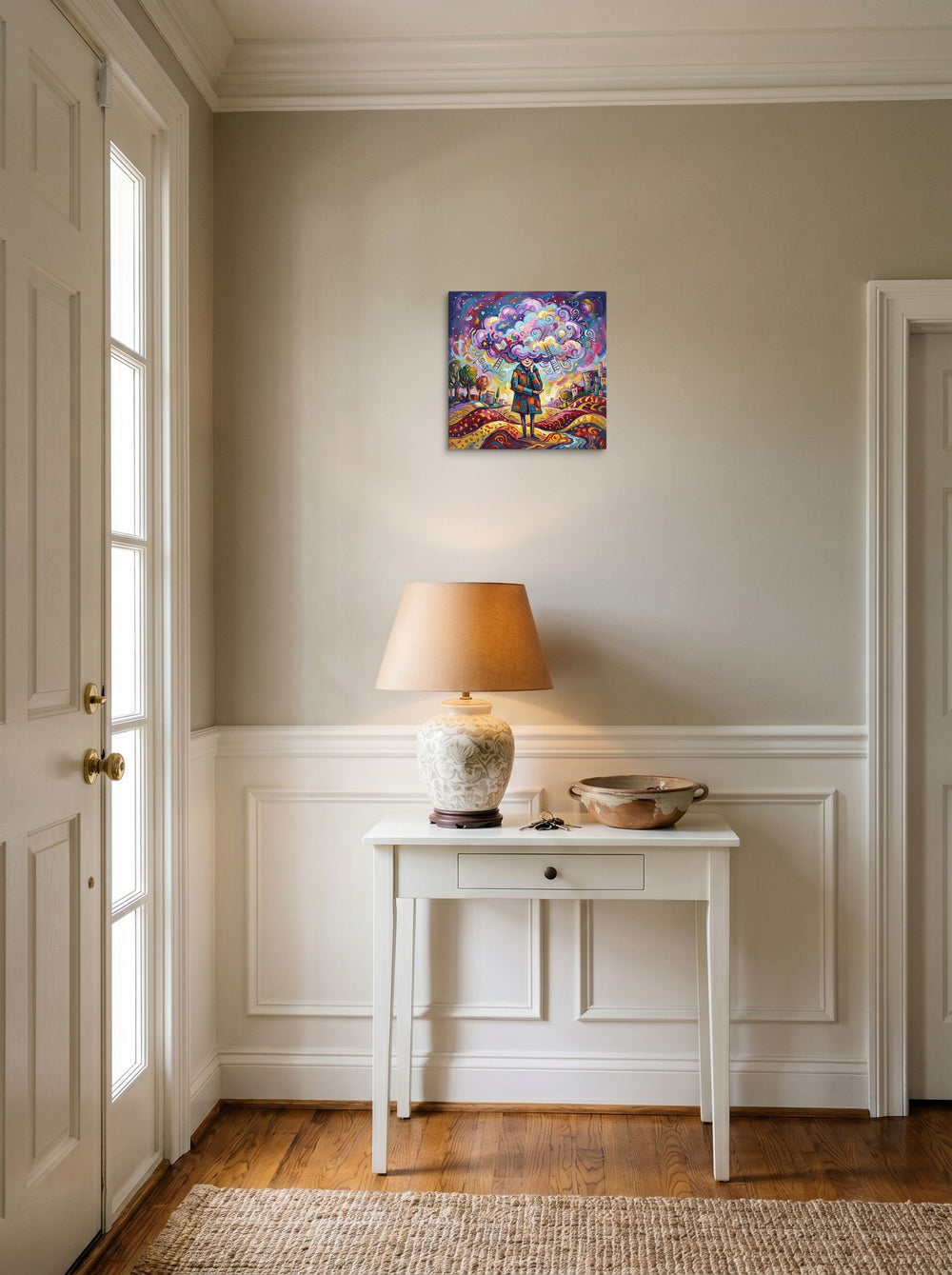 'Mind in the Clouds' in 12x12 inch canvas, set against a bright entryway wall.