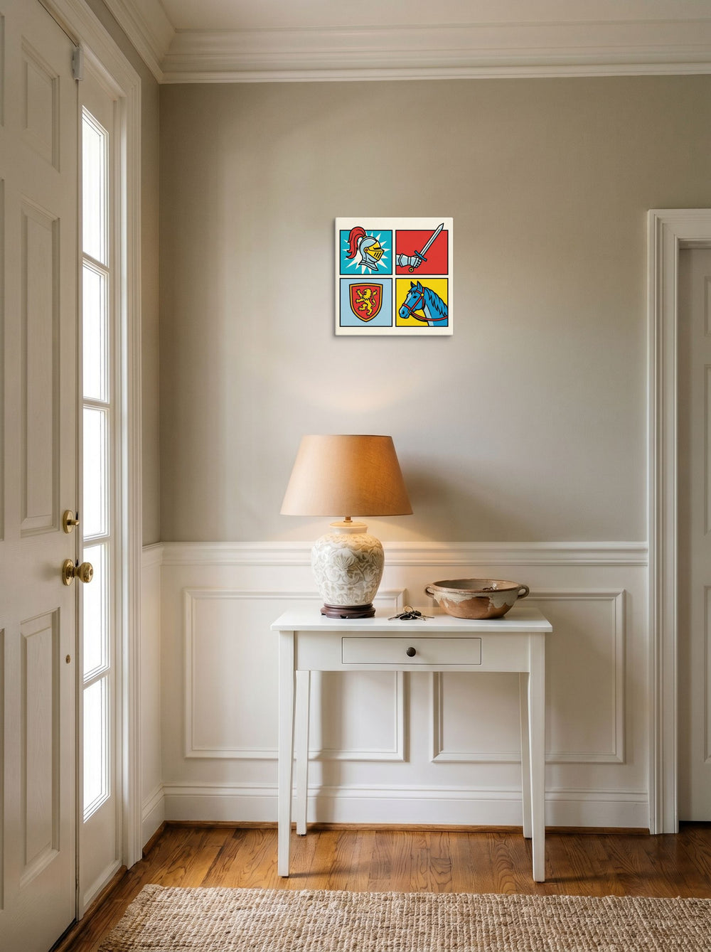 A 12x12 inch canvas Pop art print of 'Chivalric Pop Grid' hanging in an entryway near a console.