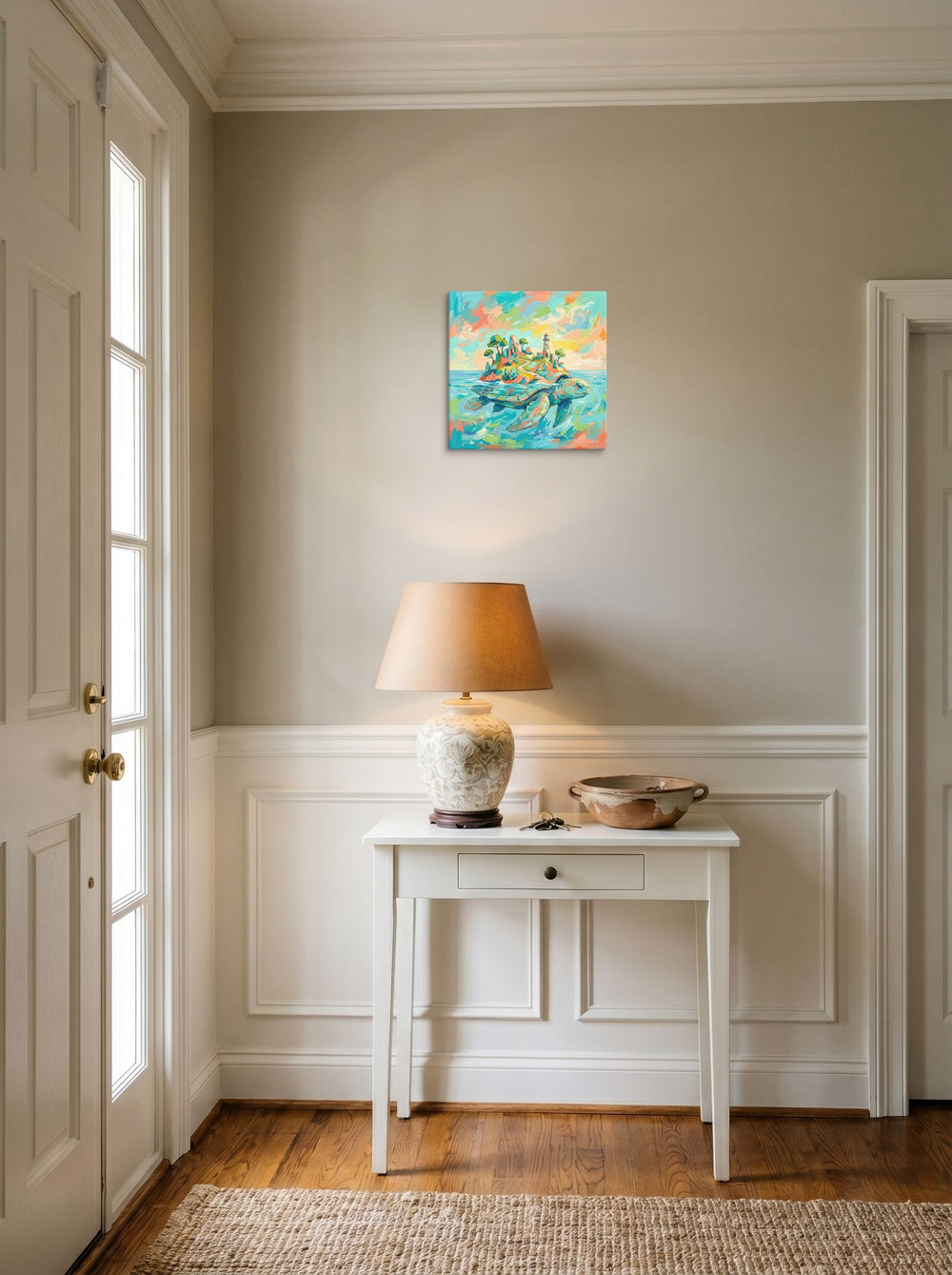 The Fauvism print 'Sanctuary of the World Turtle', 12x12 inch canvas, styled above a console table in an entryway.