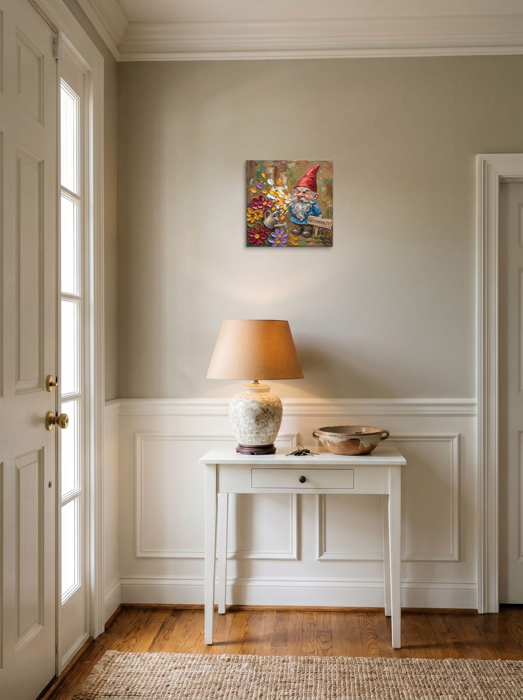 A 12x12 inch canvas Post-Impressionism print of 'Gesundheit Gnome' hanging in an entryway near a console.