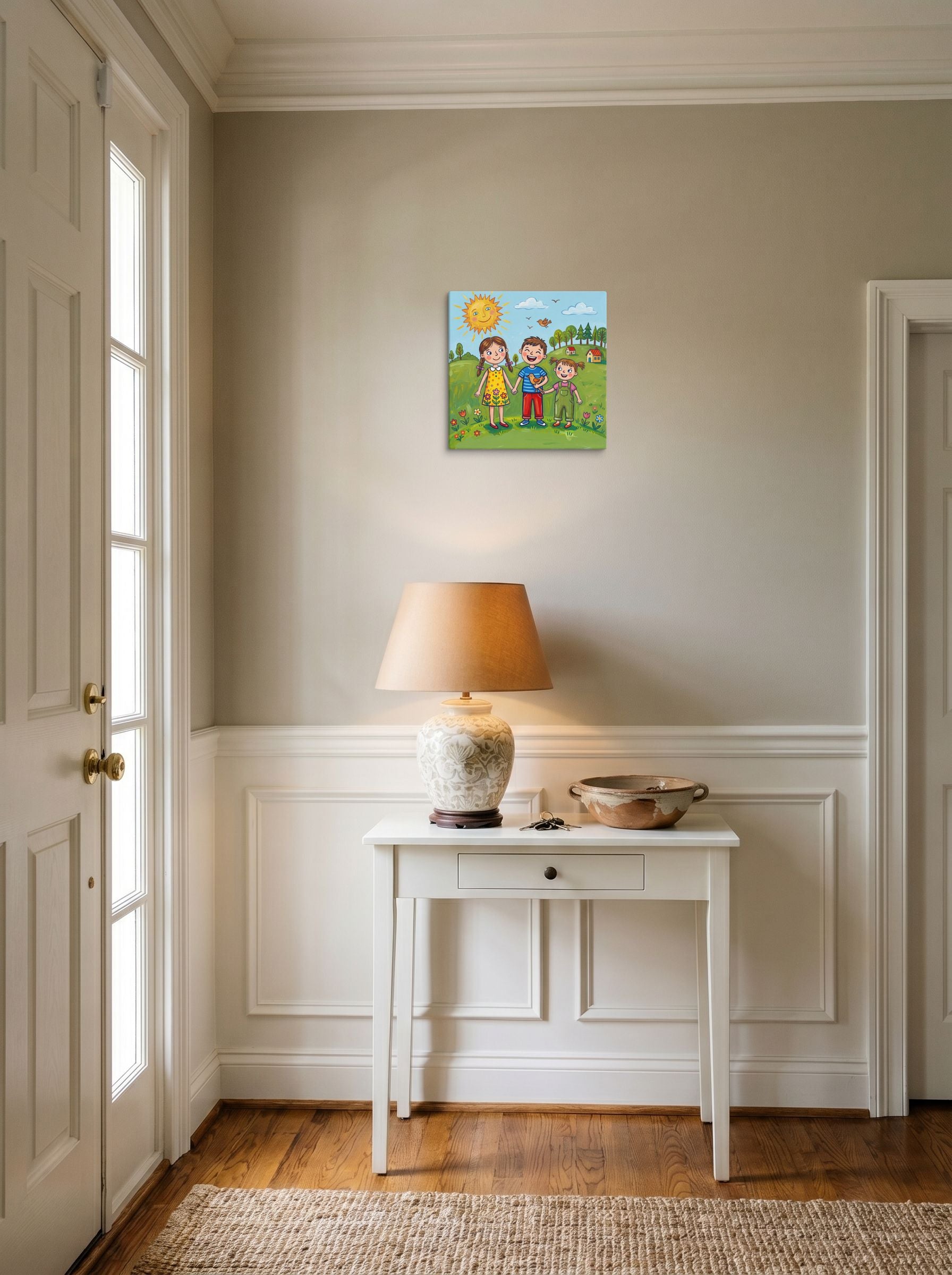 A 12x12 inch canvas Naive art print of 'Friends in the Sun' hanging in an entryway near a console.