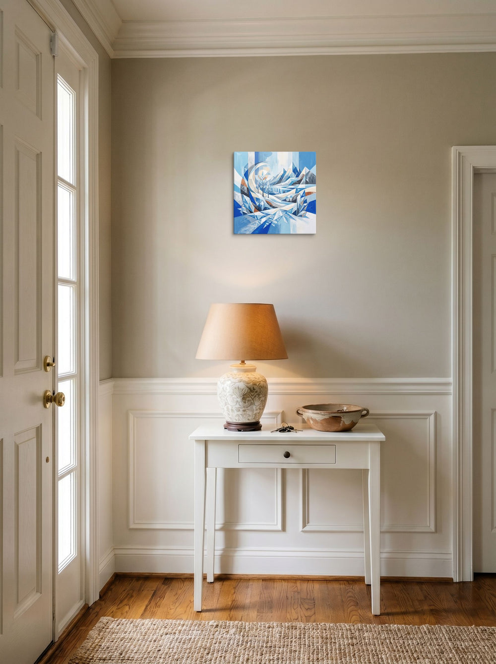 See 'Crystalline Alpine Haven' as a canvas print (12x12 inch), hanging in an entryway near a console.