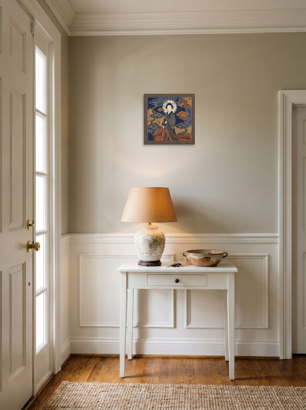 'Amaterasu in Batik' in 12x12 inch canvas, styled above a console table in an entryway.