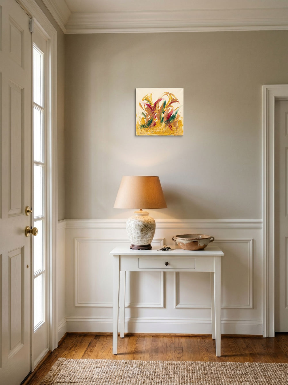 A canvas print of the Abstract expressionism artwork 'Wild Flora in High Relief', styled above a console table in an entryway.
