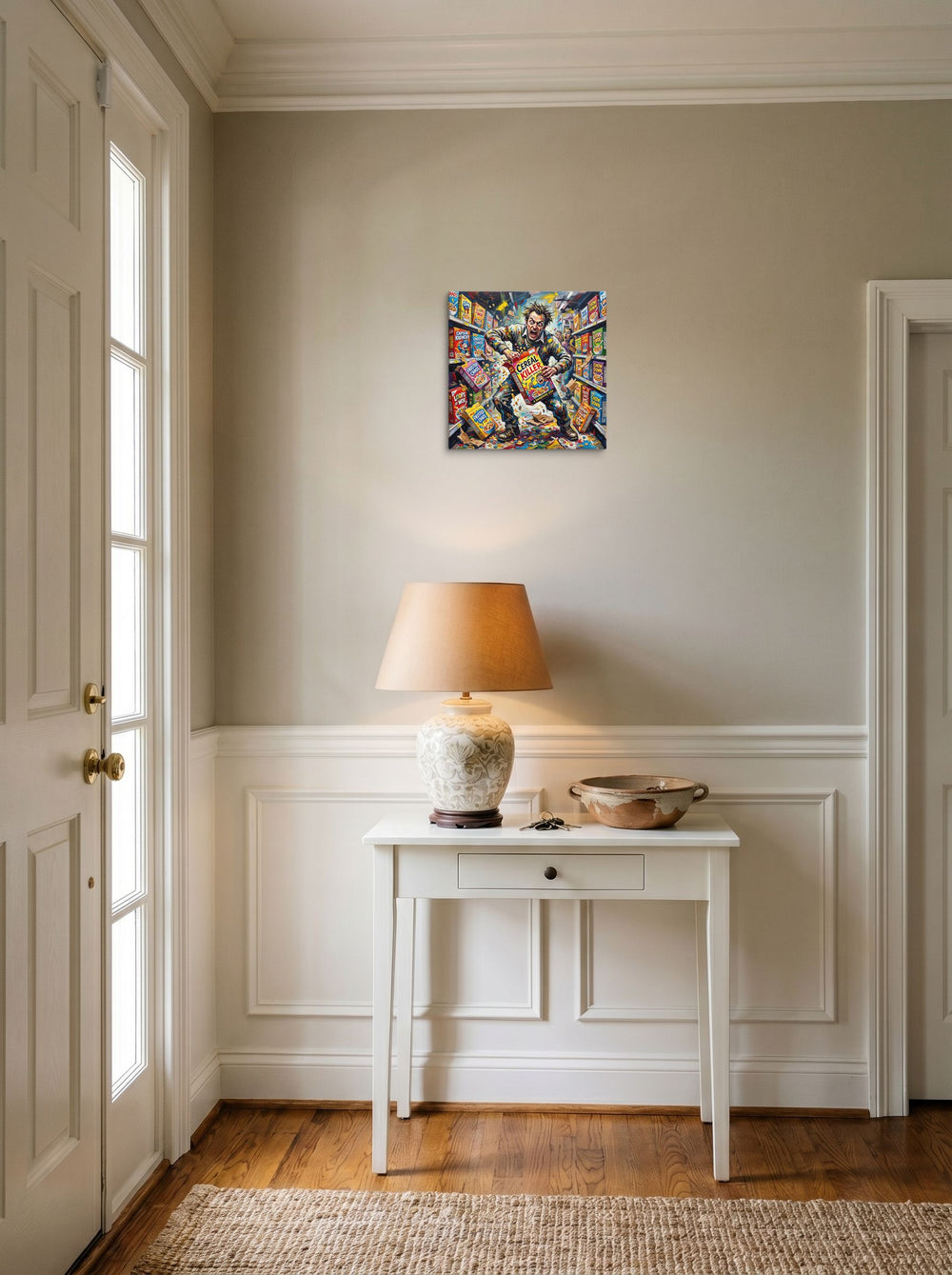 Expressionism wall art 'Cereal Killer', canvas at 12x12 inch, styled above a console table in an entryway.