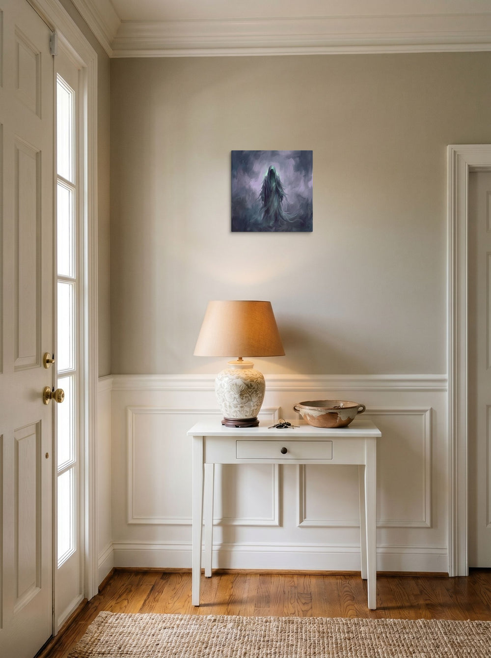 'Phantom of Morpheus' set against a bright entryway wall, printed as canvas at 12x12 inch.