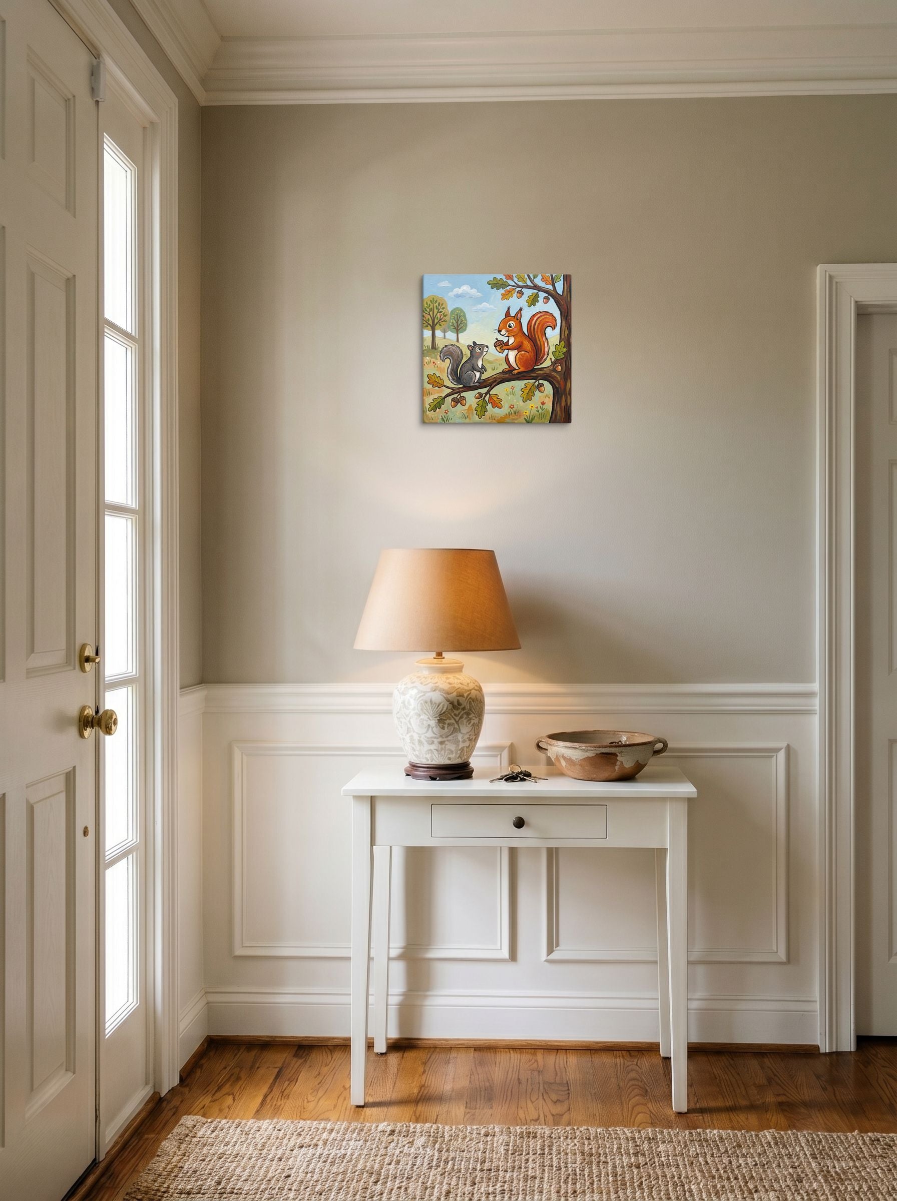 A 12x12 inch canvas Naive art print of 'The Nut Gatherers' hanging in an entryway near a console.