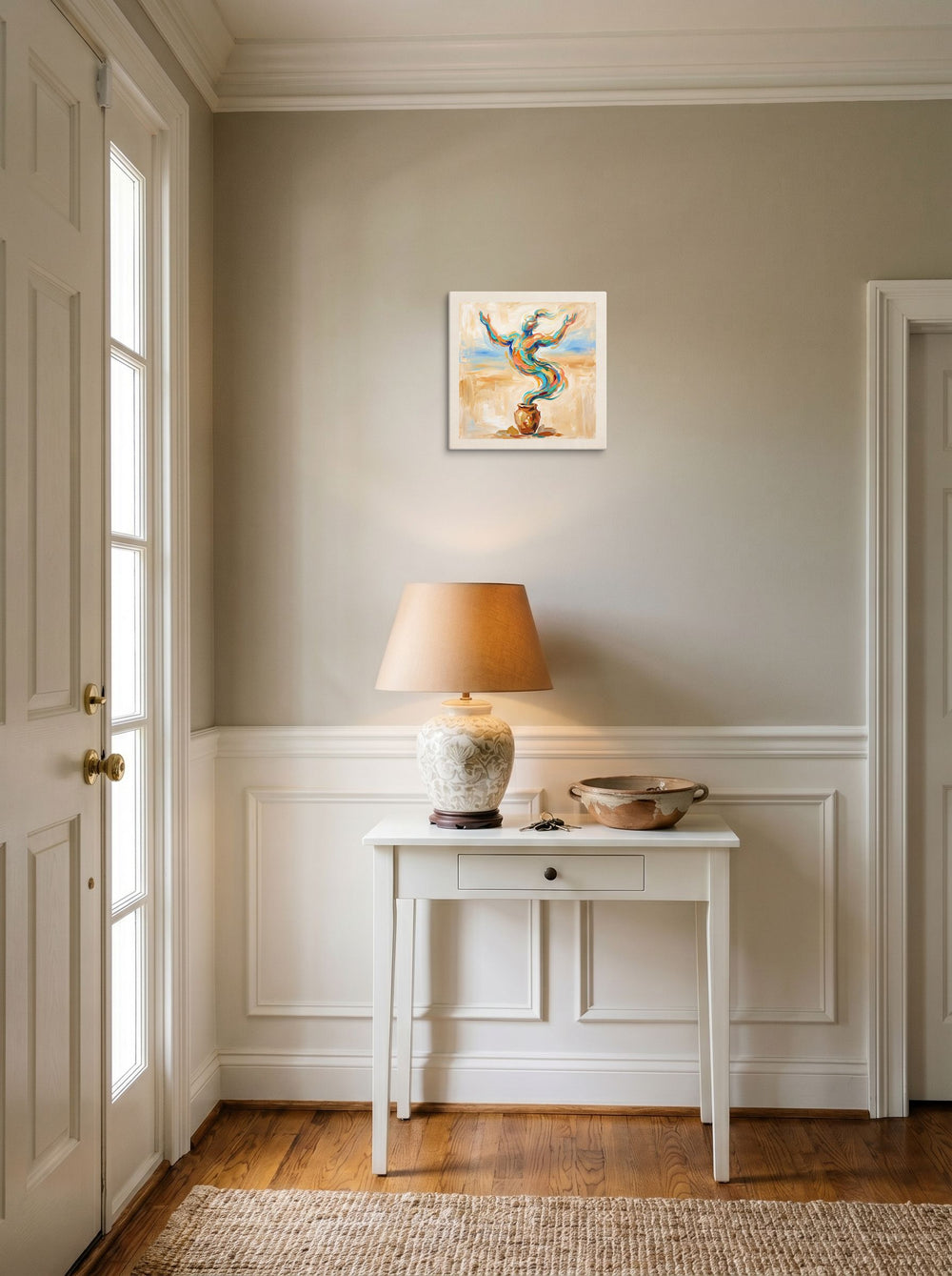 'Rise of the Djinn' styled above a console table in an entryway. A 12x12 inch canvas Expressionism print.