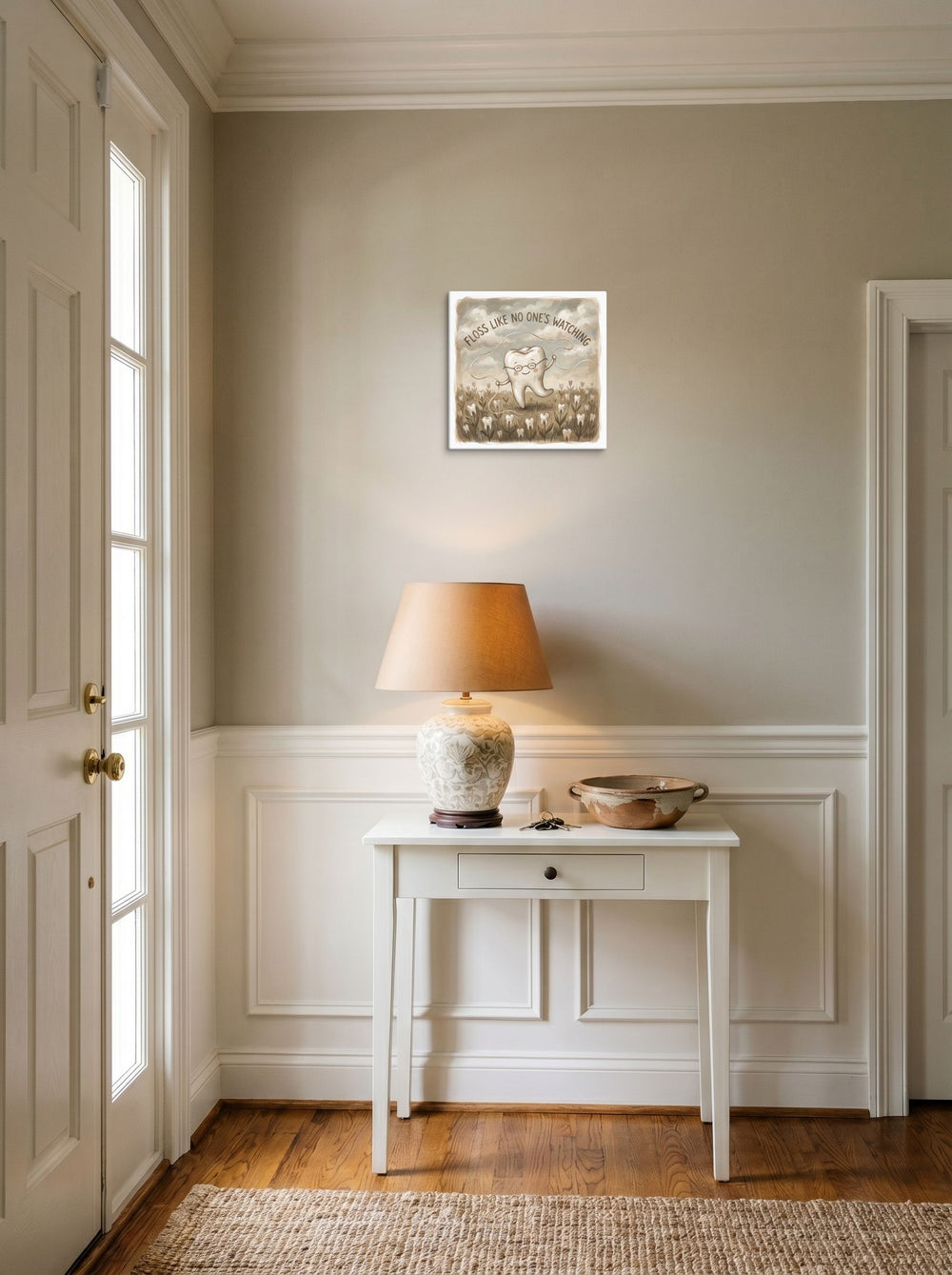 'Floss Like No One's Watching', a Digital art print hanging in an entryway near a console. Shown as canvas, 12x12 inch.