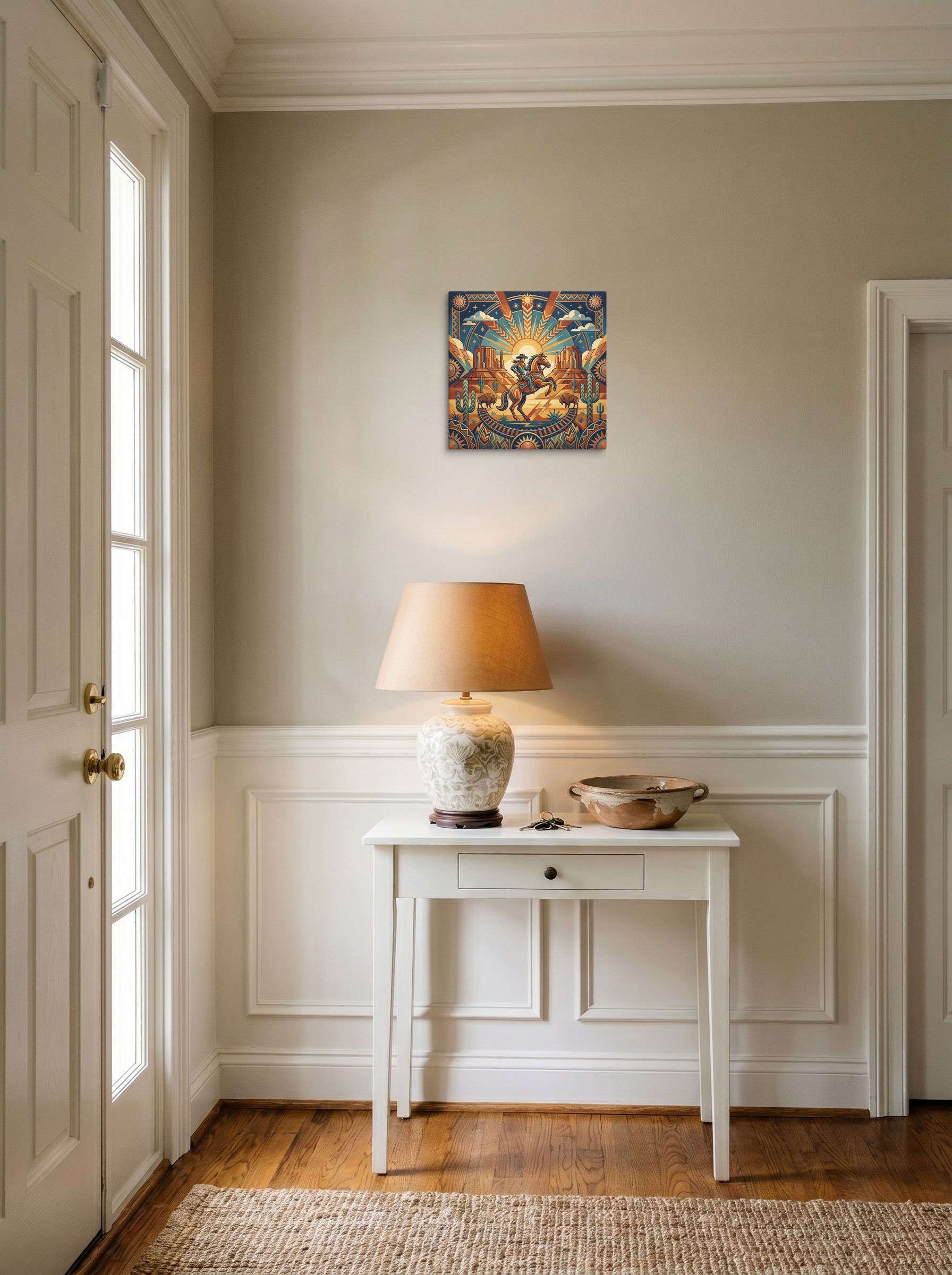 A 12x12 inch canvas Art Deco,Geometric abstract art print of 'The Deco Cowboy' hanging in an entryway near a console.