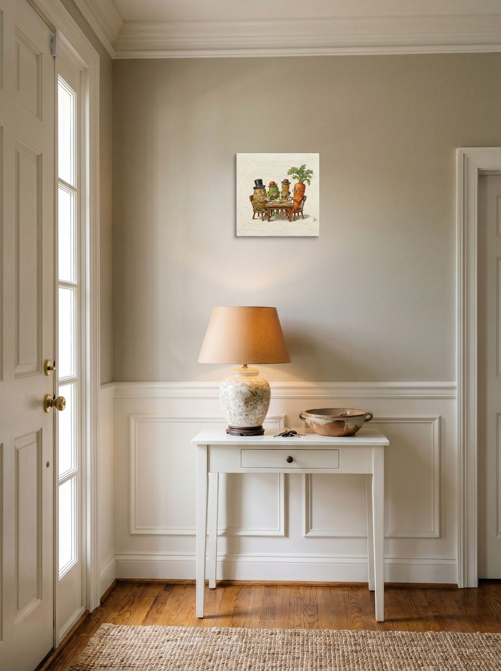 A 12x12 inch canvas Pop art,Lowbrow print of 'A Proper Brew' hanging in an entryway near a console.