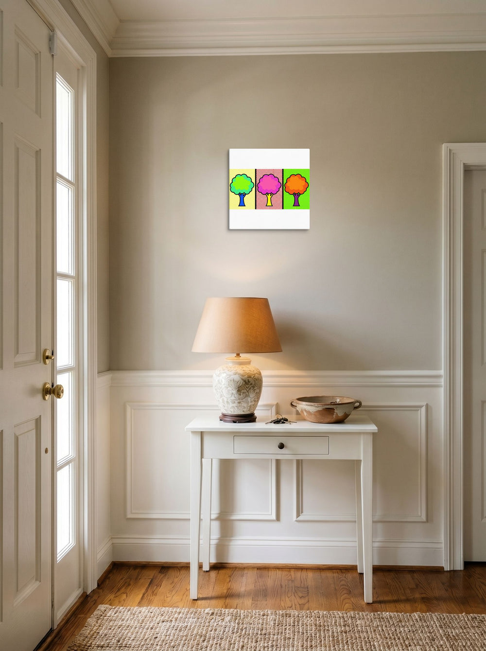 A 12x12 inch canvas Pop art print of 'Pop Art Canopy Triptych' hanging in an entryway near a console.