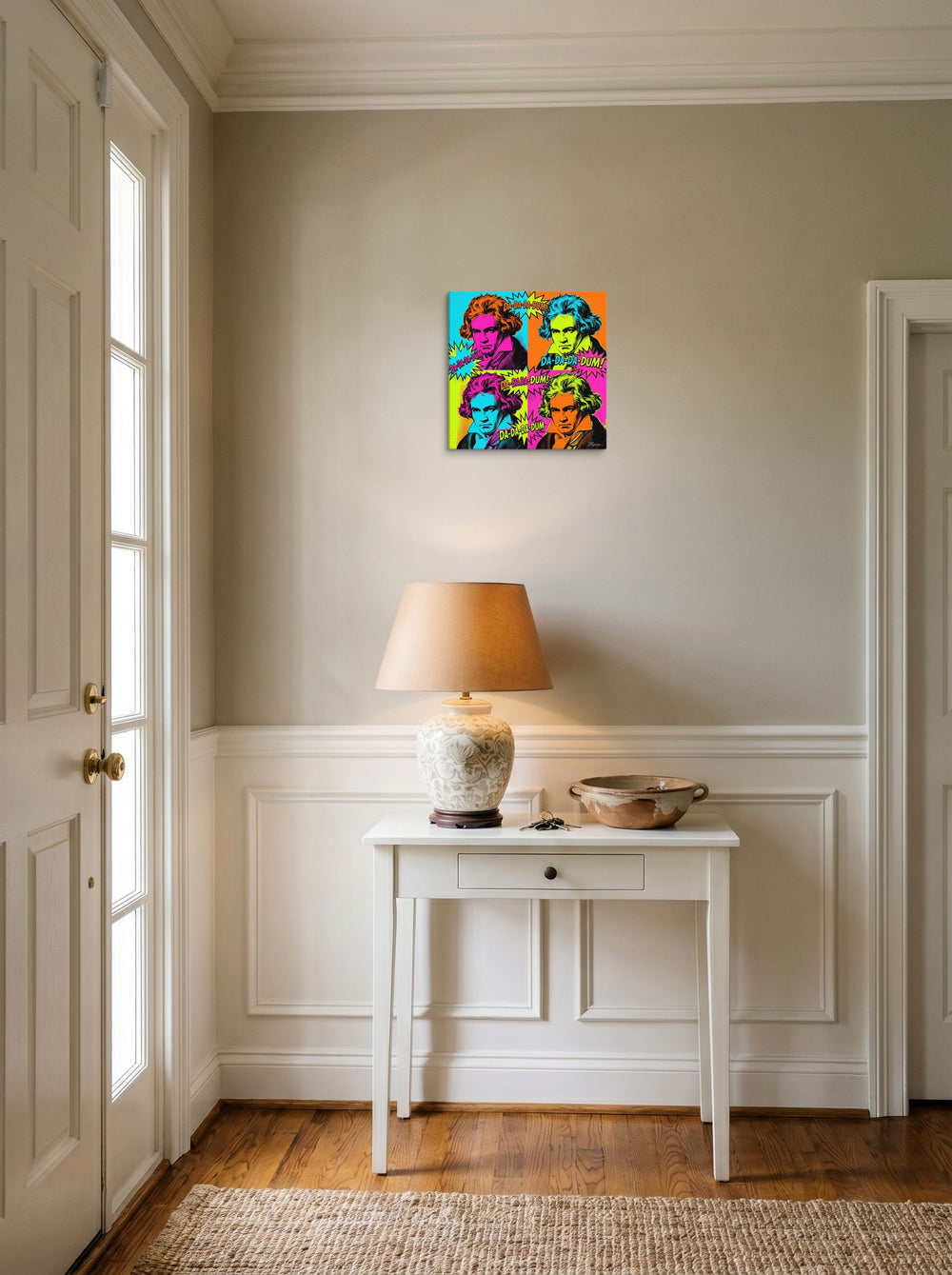 'Beethoven in Technicolor' set against a bright entryway wall, printed as canvas at 12x12 inch.