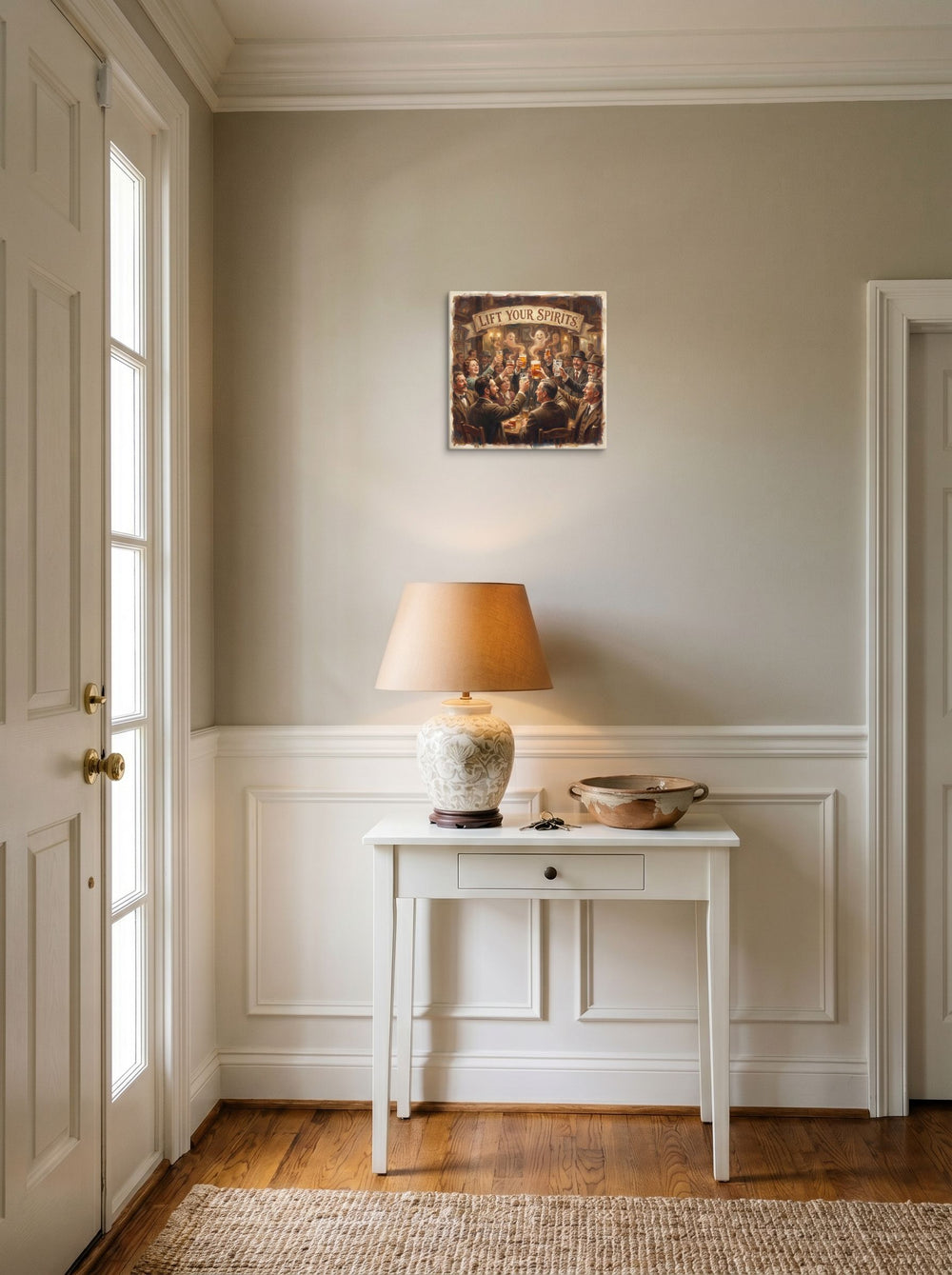 12x12 inch canvas print of 'Lift Your Spirits', hanging in an entryway near a console.
