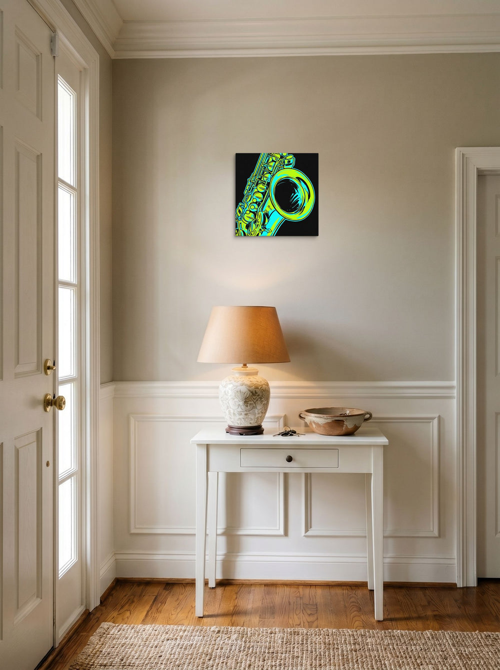 A 12x12 inch canvas Pop art print of 'Neon Rhythms' hanging in an entryway near a console.
