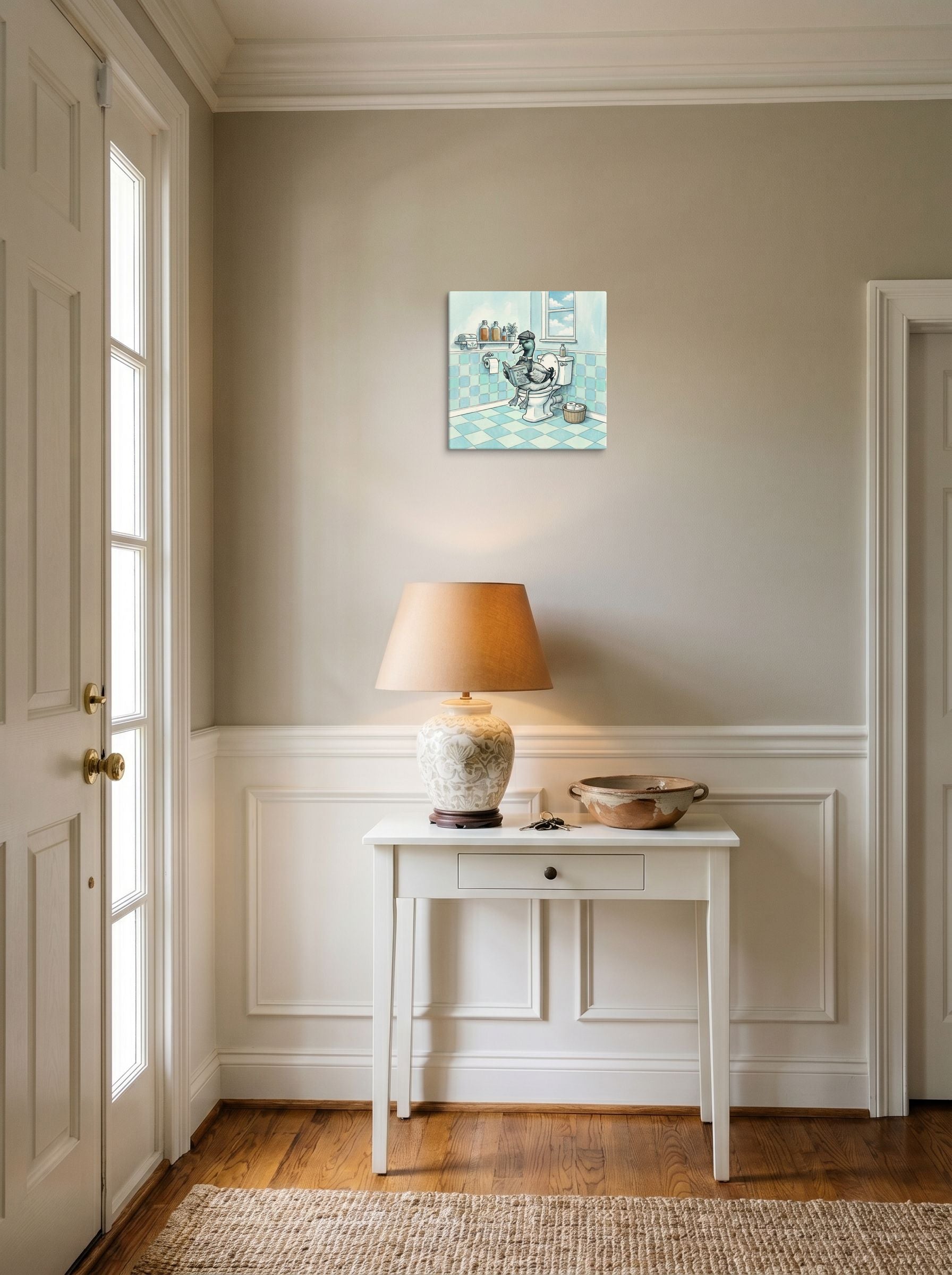 A 12x12 inch canvas Lowbrow,Pop art print of 'The Philosophical Duck' hanging in an entryway near a console.