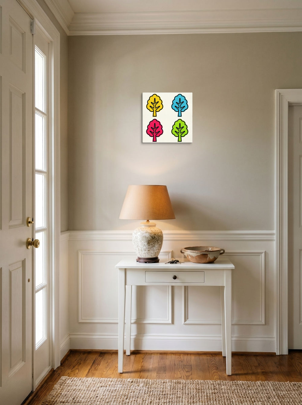 A 12x12 inch canvas Pop art print of 'Pop Art Forest Grid' hanging in an entryway near a console.