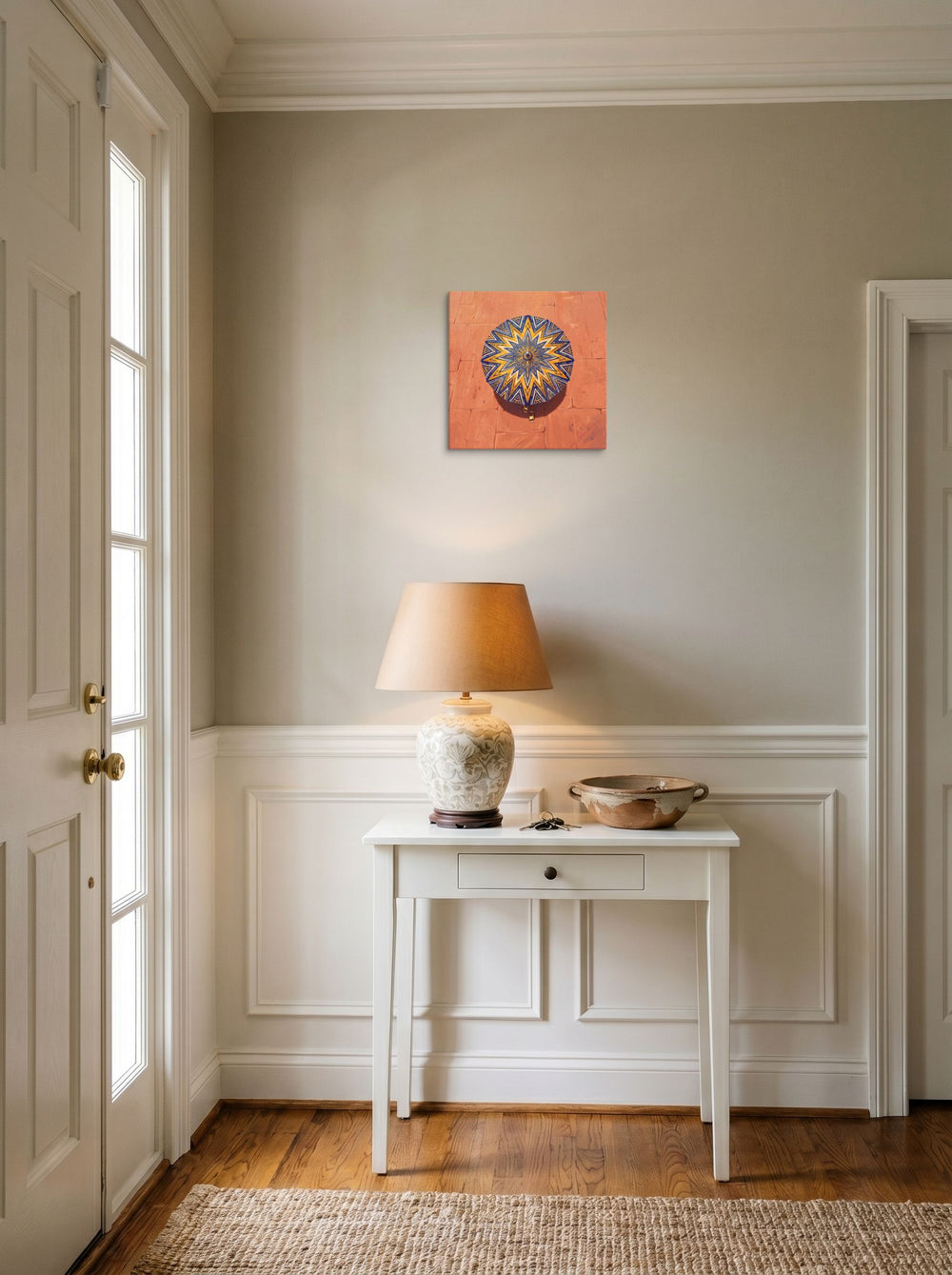 A 12x12 inch canvas Geometric abstract art,Figurative art print of 'The Patterned Parasol' hanging in an entryway near a console.