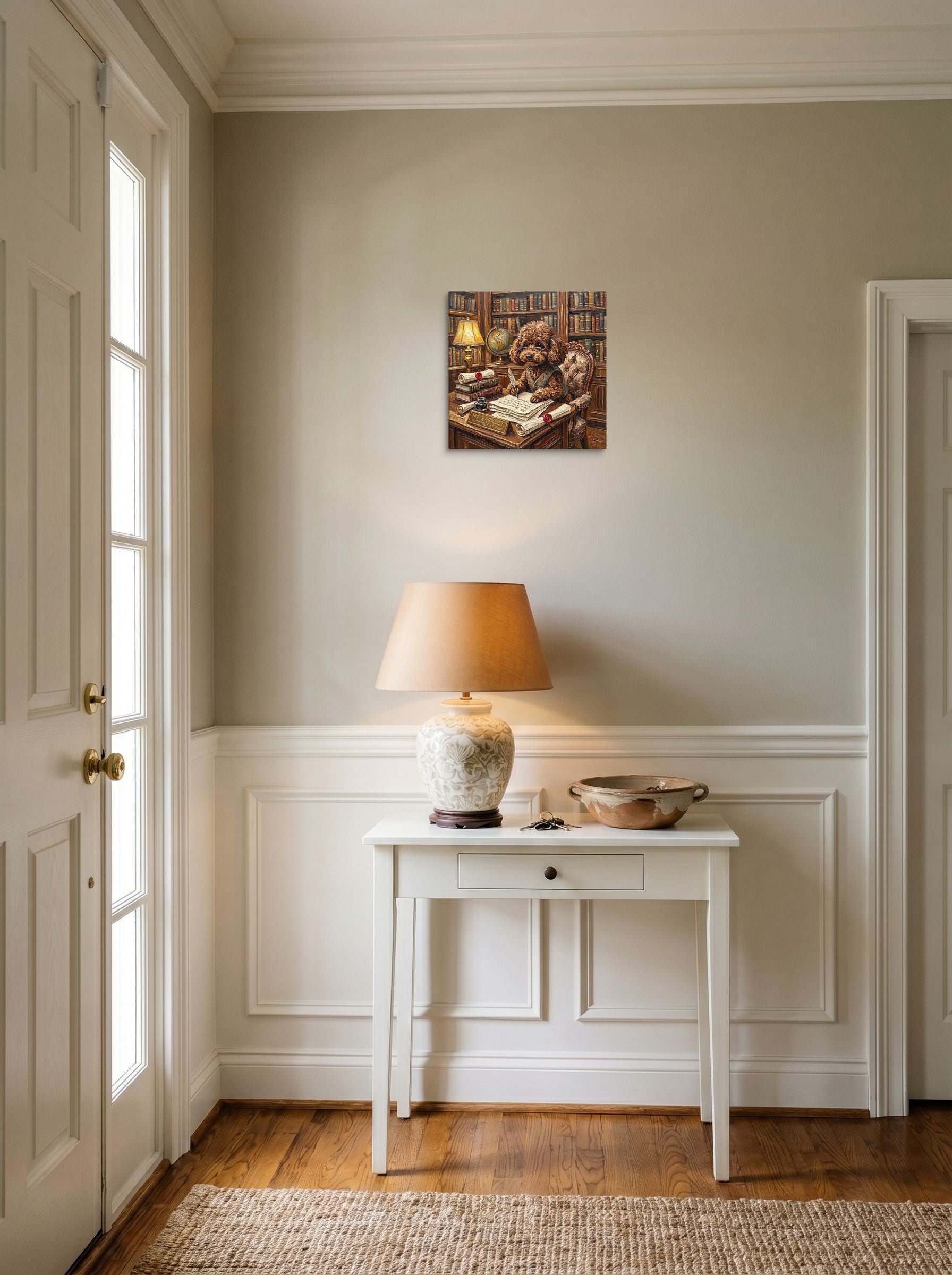 A 12x12 inch canvas Expressionism print of 'The Scholar's Treat' hanging in an entryway near a console.