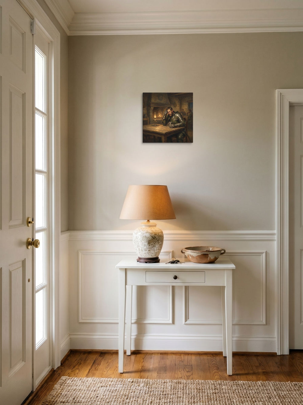 The canvas print 'The Weary Knight' hanging in an entryway near a console, shown at 12x12 inch.