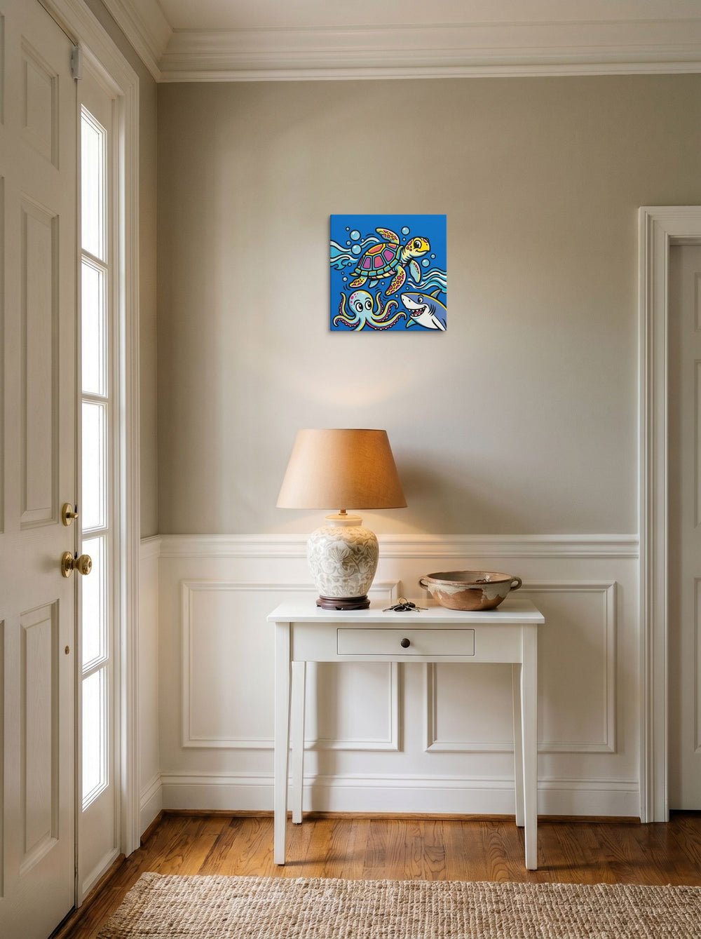 A 12x12 inch canvas Pop art print of 'Ocean Pop Symphony' hanging in an entryway near a console.