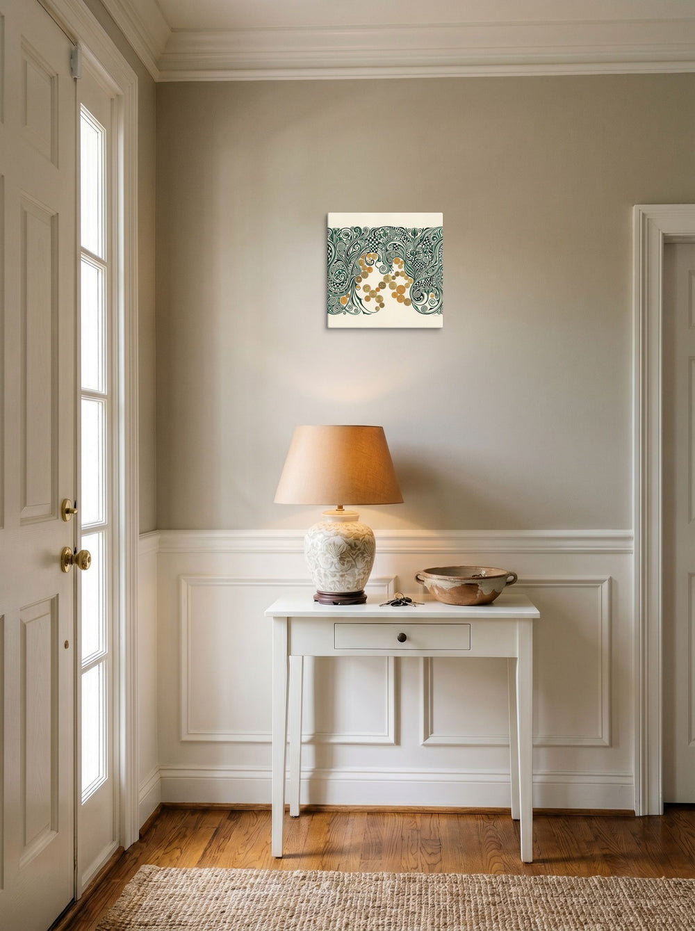 canvas wall art 'The Gilded Arbor' styled above a console table in an entryway, at 12x12 inch.