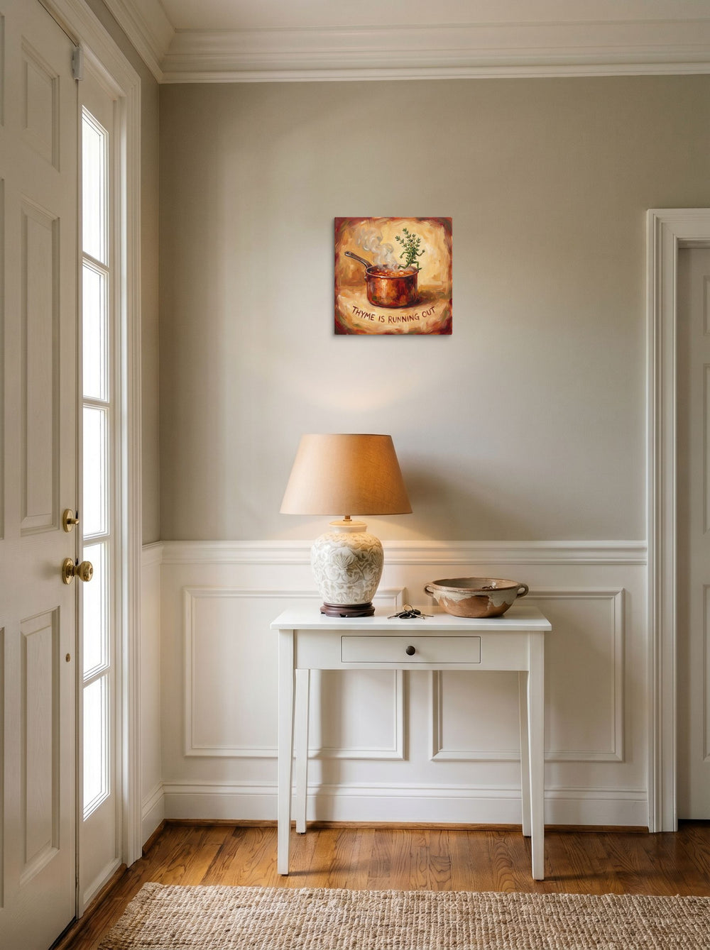 The Impressionism print 'Thyme Is Running Out', 12x12 inch canvas, hanging in an entryway near a console.