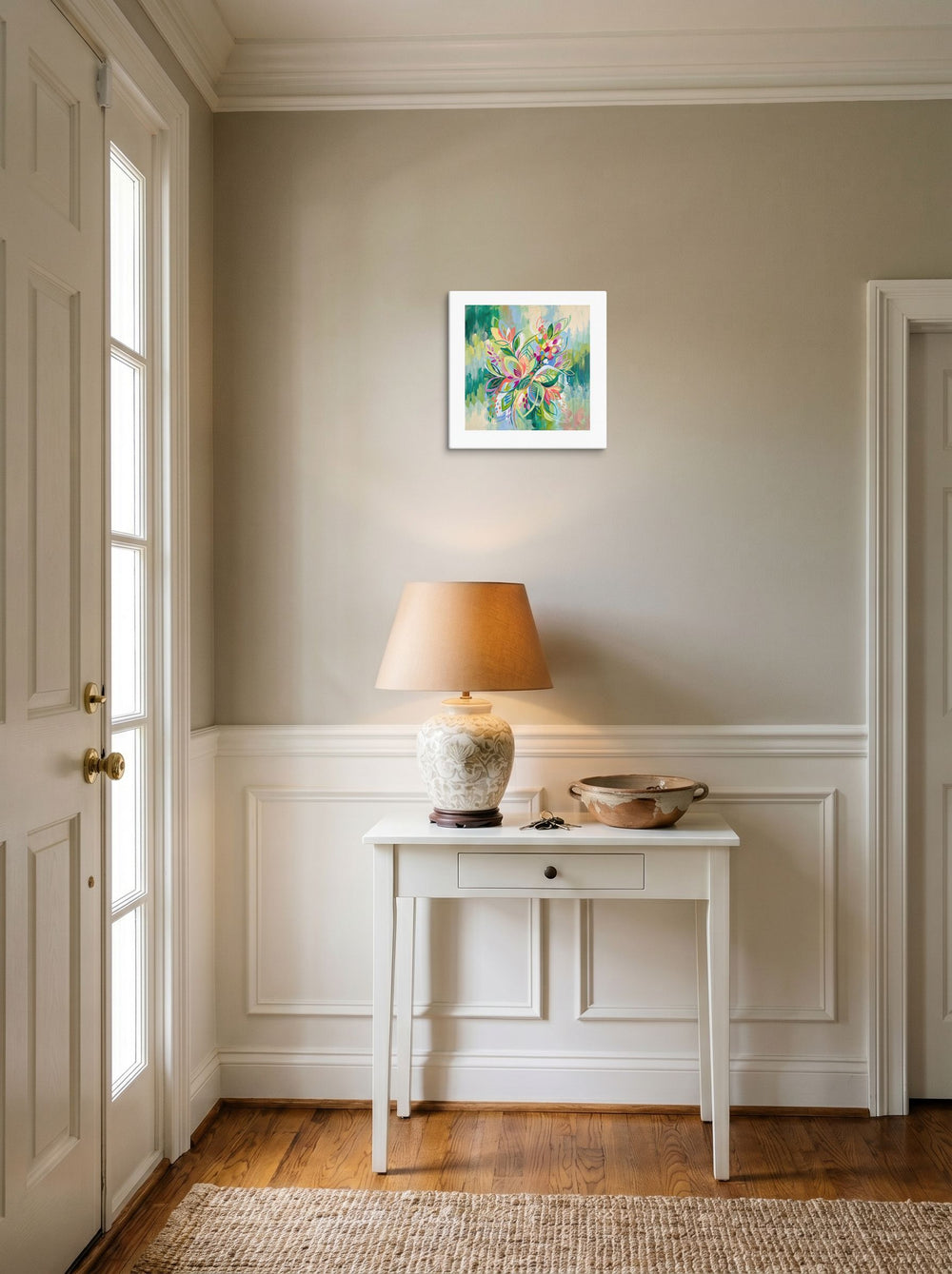 A 12x12 inch canvas version of 'Joyous Botanical Symphony', Abstract expressionism wall art, styled above a console table in an entryway.