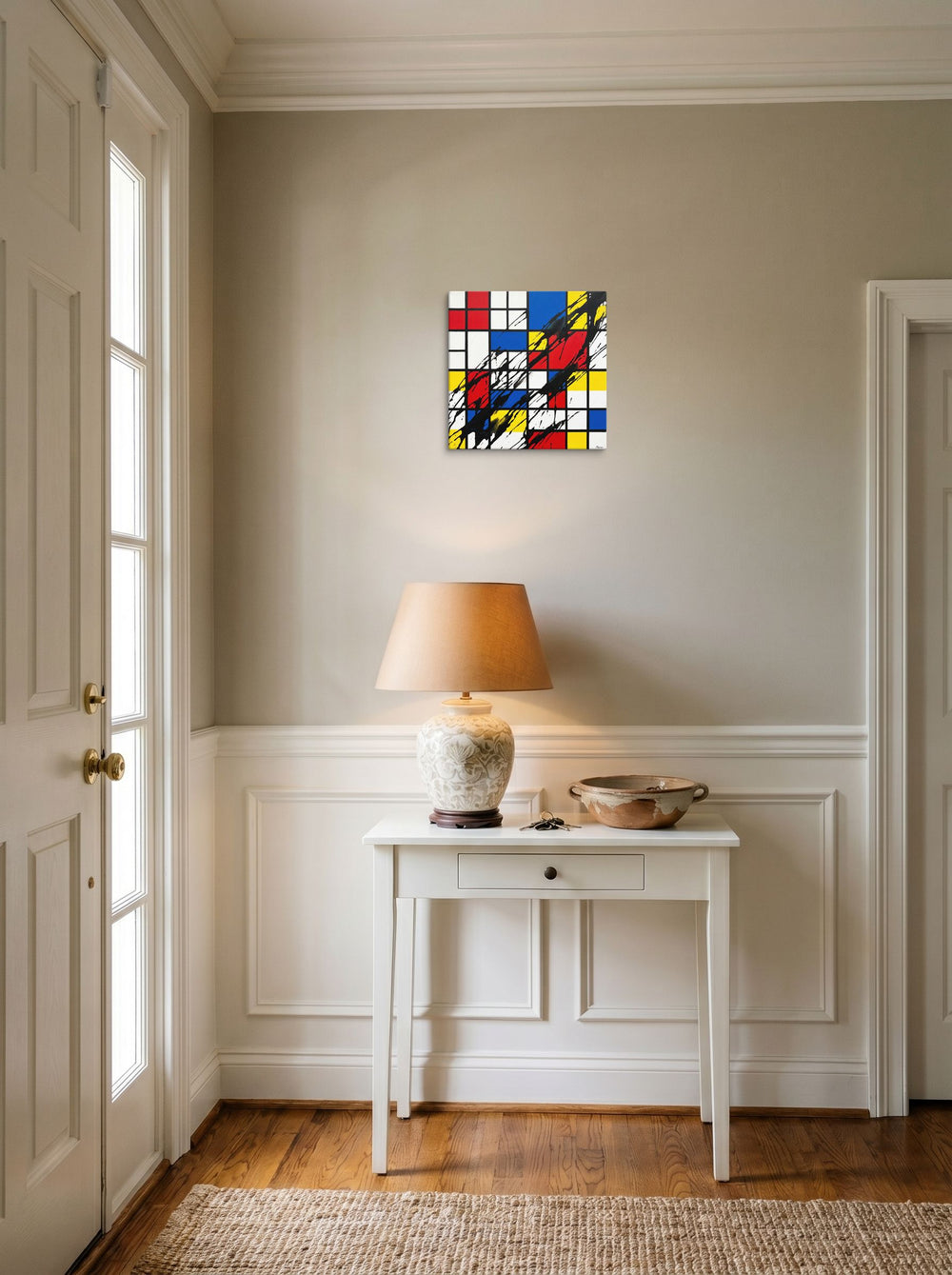 'Disrupted Neoplasticism' hanging in an entryway near a console, printed as canvas at 12x12 inch.