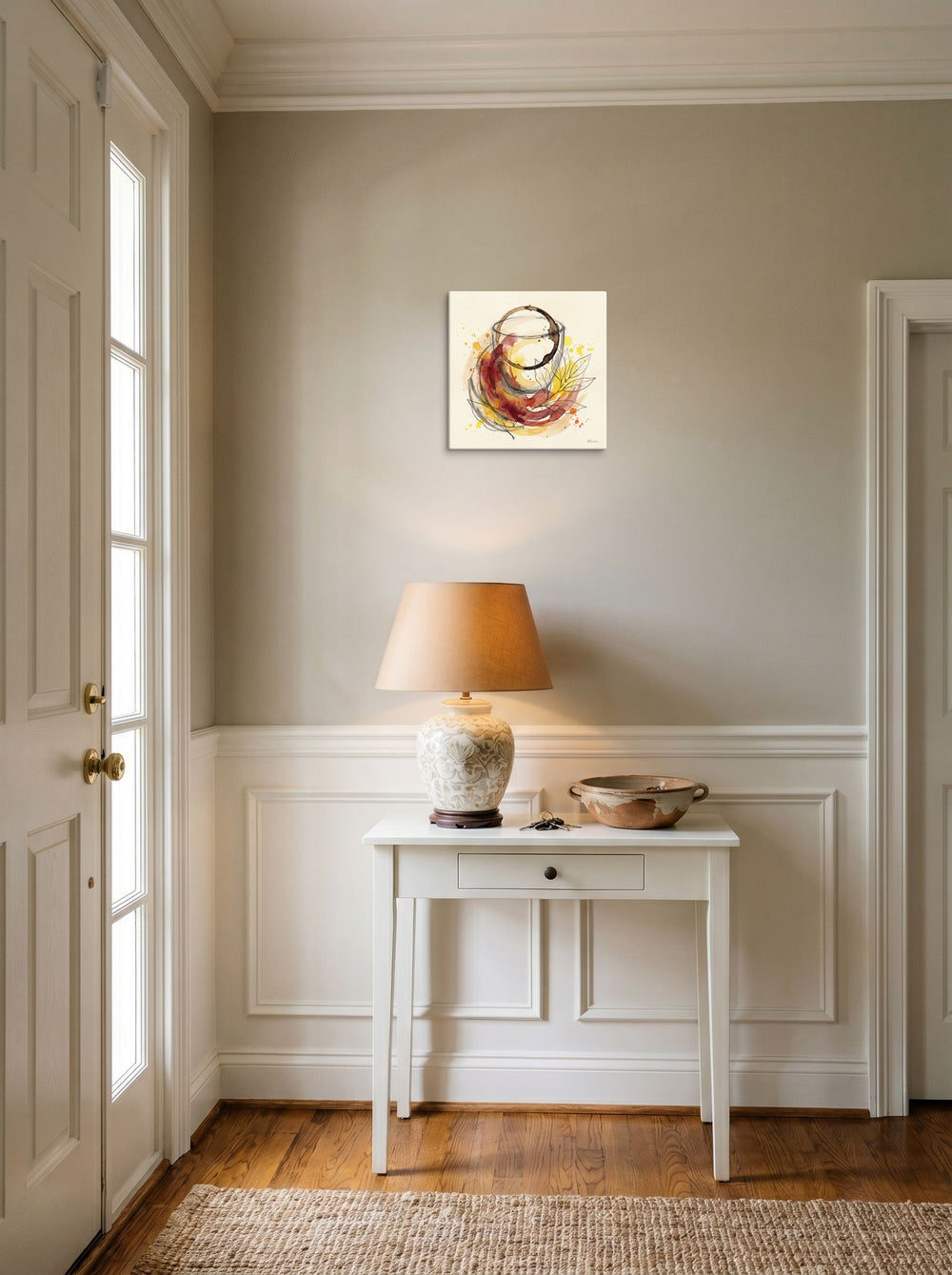 'Notes of Cabernet' styled above a console table in an entryway, printed as canvas at 12x12 inch.