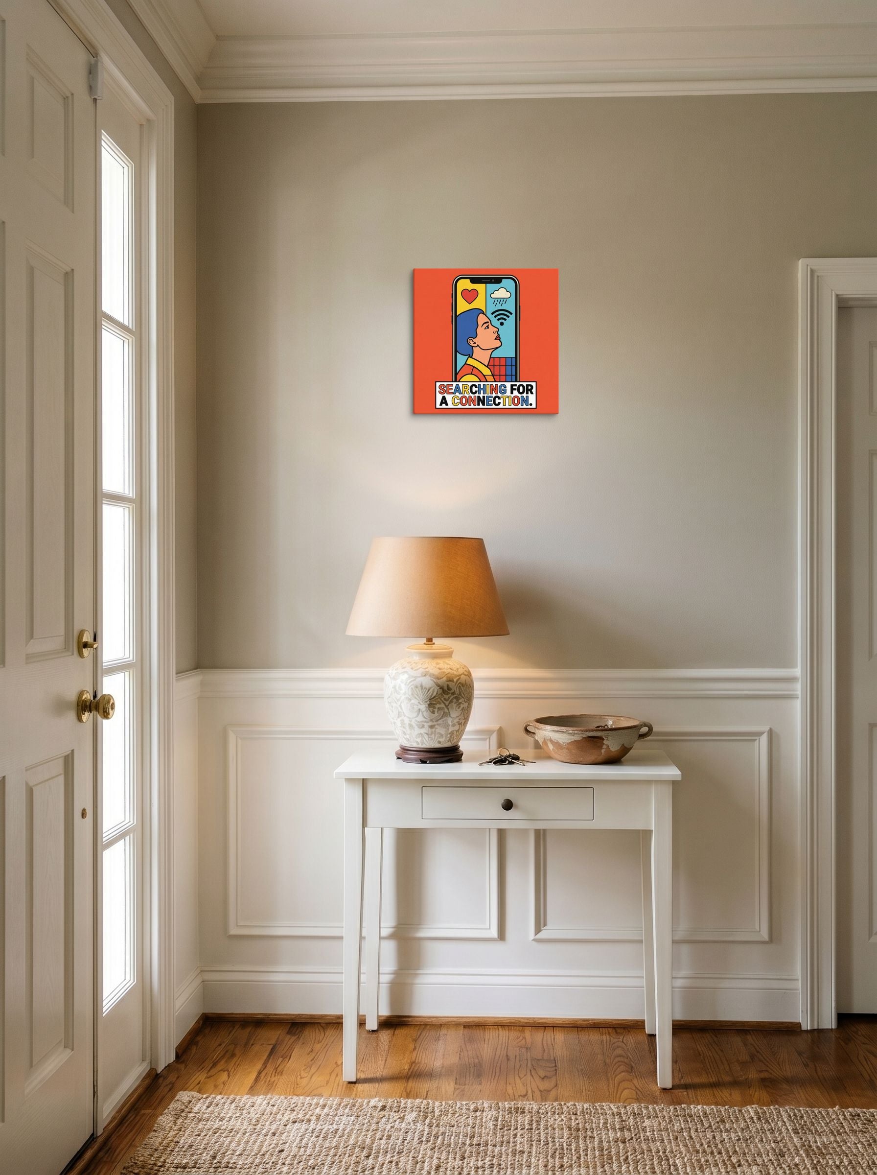 A 12x12 inch canvas Pop art print of 'Signal Lost' hanging in an entryway near a console.