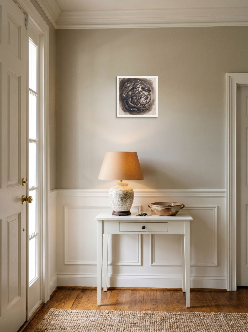 A canvas print of the Symbolism artwork 'Chronos and the Wheel of Time', hanging in an entryway near a console.