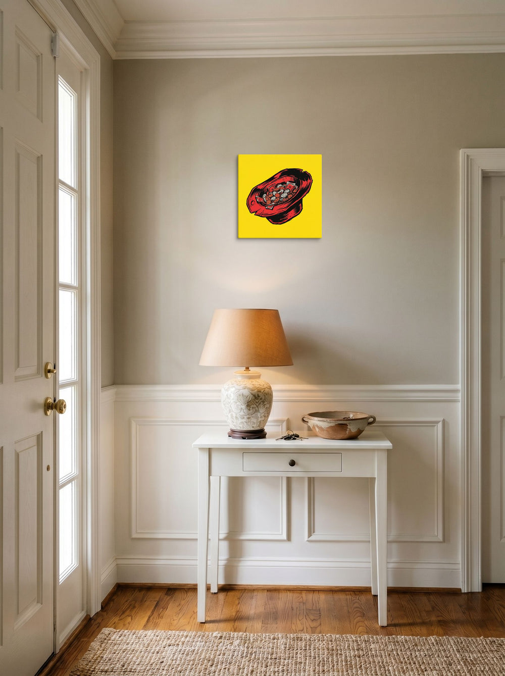 A 12x12 inch canvas Pop art print of 'The Busker's Fortune' hanging in an entryway near a console.