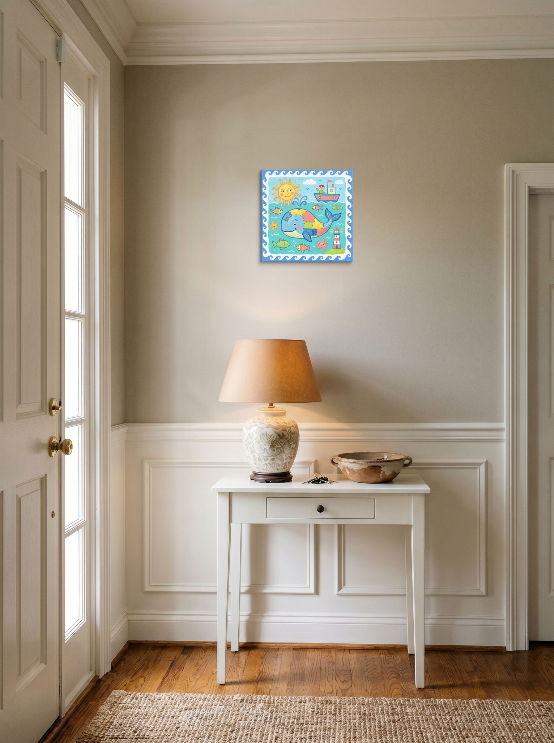 A 12x12 inch canvas Naive art print of 'Patchwork Whale' hanging in an entryway near a console.
