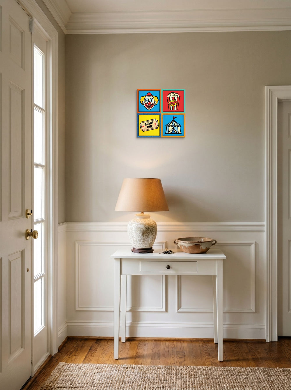 A 12x12 inch canvas Pop art print of 'Circus Quadrant' hanging in an entryway near a console.