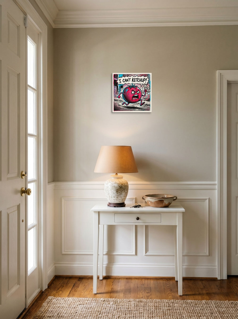 canvas wall art 'Can't Ketchup' set against a bright entryway wall, at 12x12 inch.