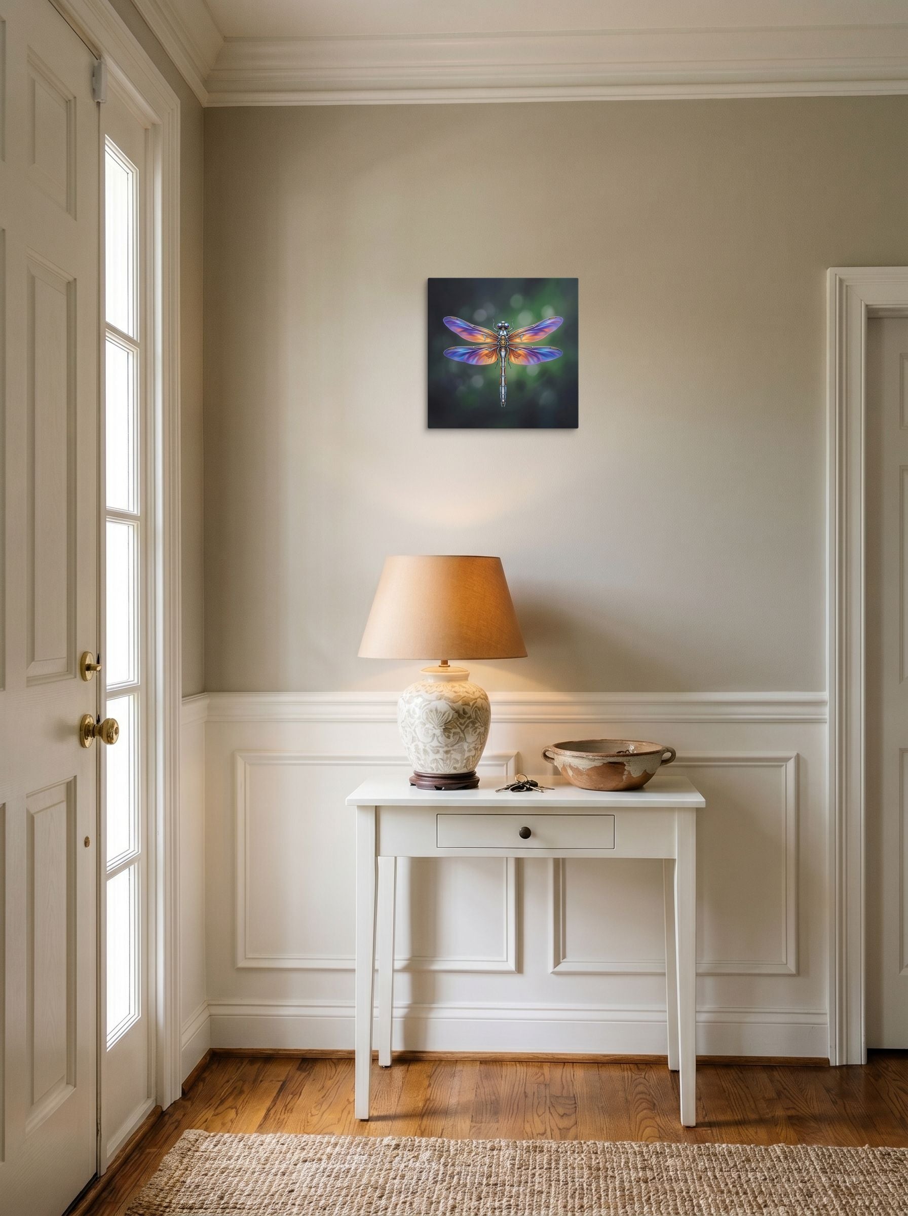 A 12x12 inch canvas Surrealism print of 'Gears of the Dragonfly' hanging in an entryway near a console.