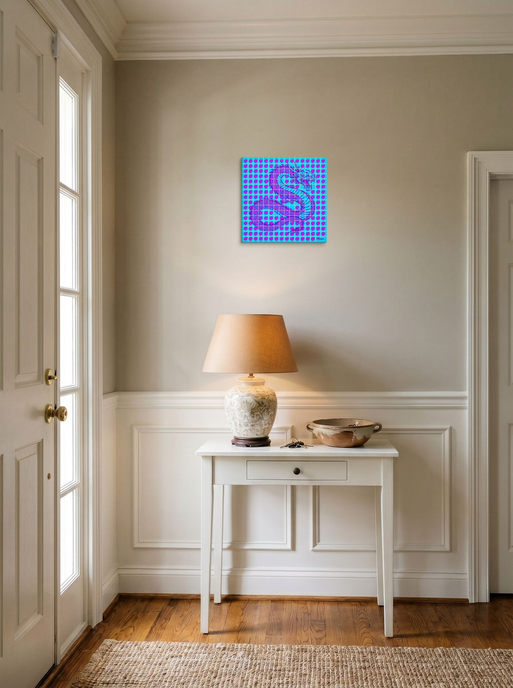 A 12x12 inch canvas Pop art print of 'Neon Dragon Grid' hanging in an entryway near a console.
