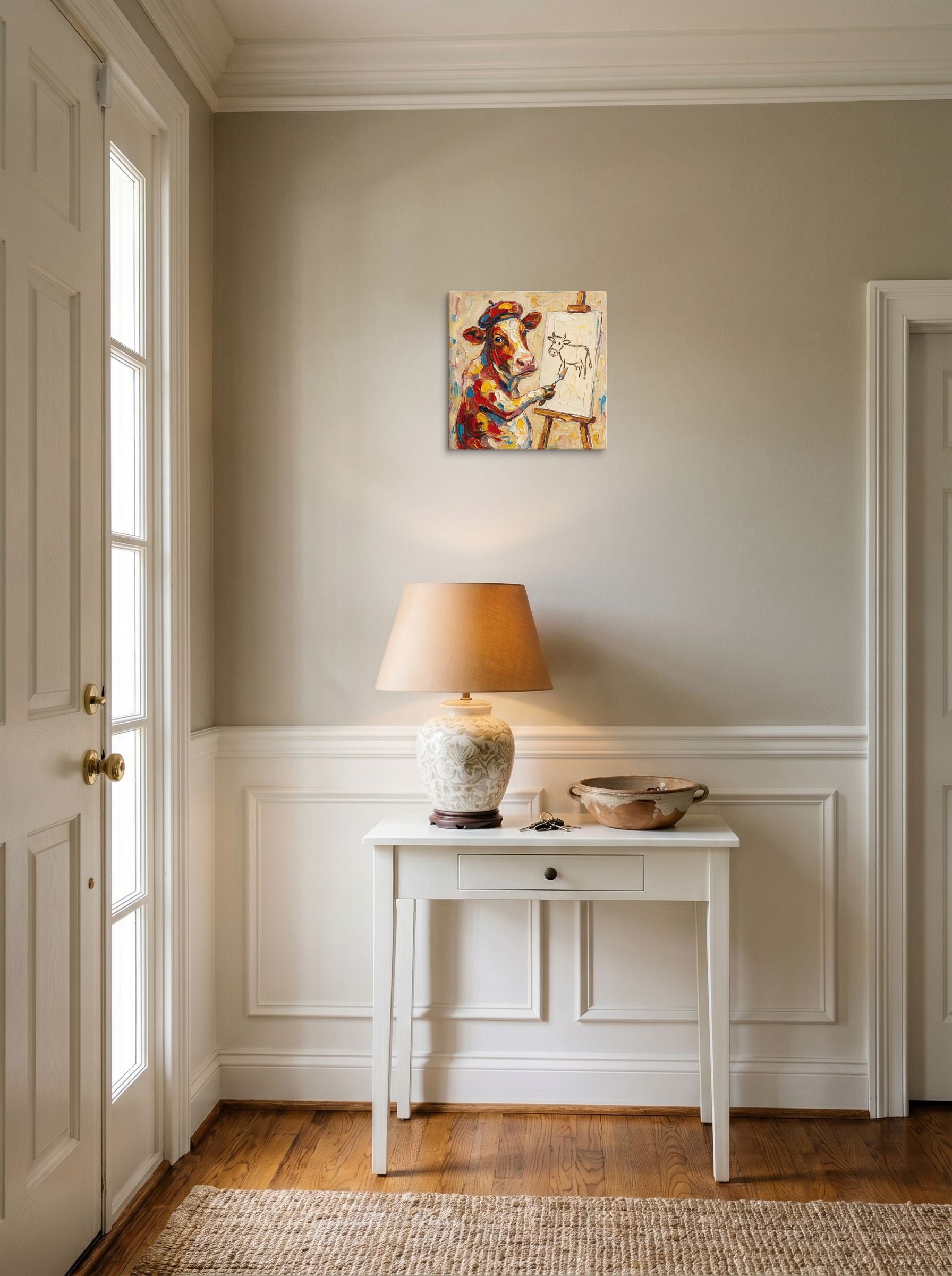 A 12x12 inch canvas Post-Impressionism print of 'The Bovine Artist' hanging in an entryway near a console.