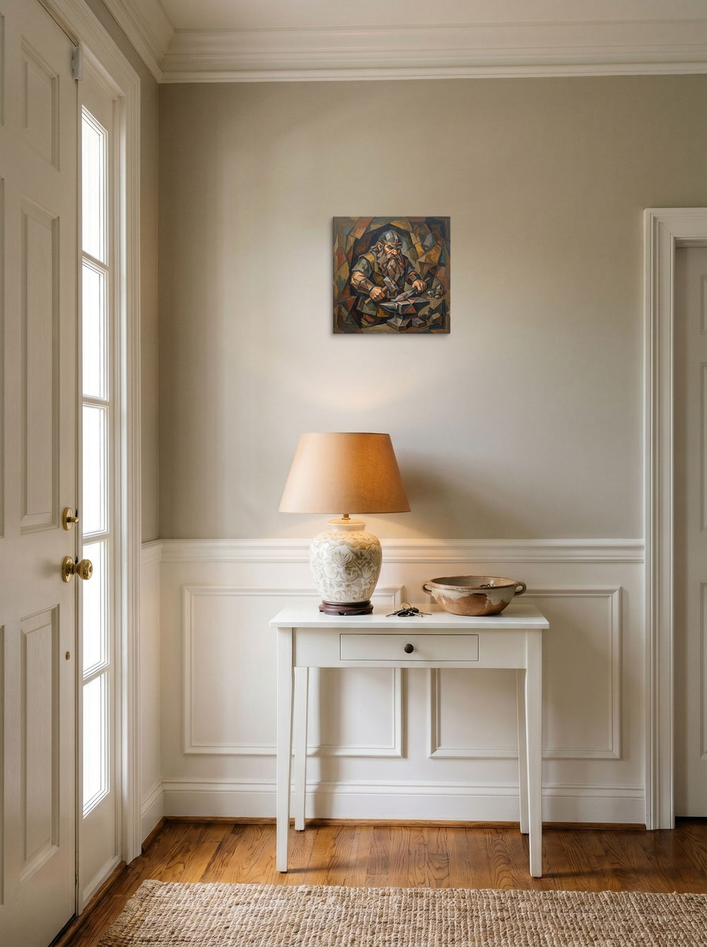 'The Forge of Brokkr' set against a bright entryway wall. A 12x12 inch canvas Cubism print.