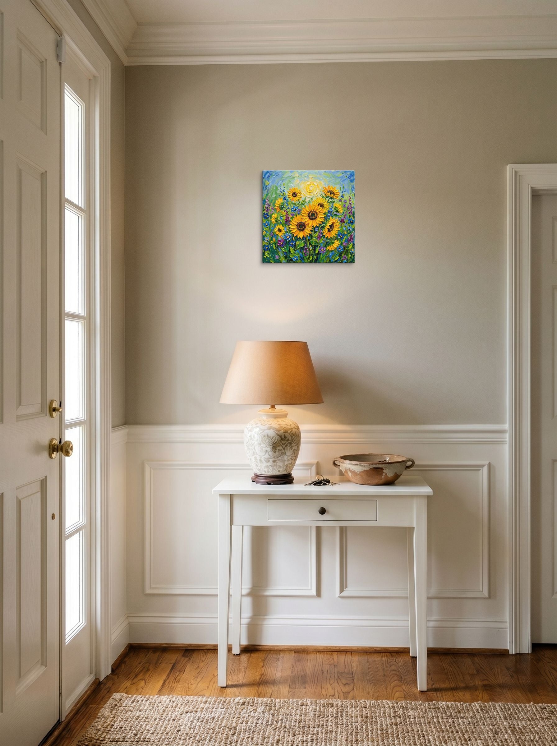 A 12x12 inch canvas Impressionism print of 'Sunlit Blooms' hanging in an entryway near a console.