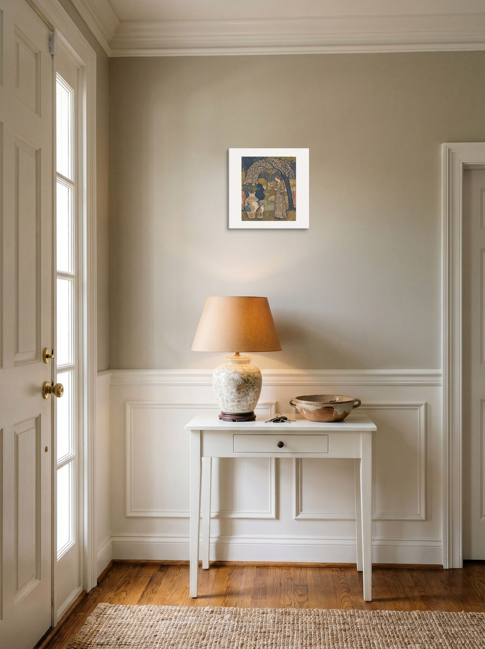 The Les Nabis print 'Under the Trellis', 12x12 inch canvas, hanging in an entryway near a console.