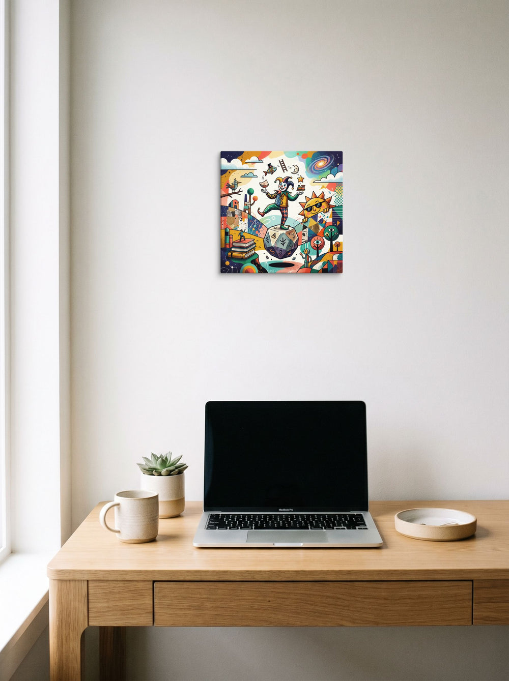 'The Cosmic Juggler' hanging above a worktable with a laptop, printed as canvas at 12x12 inch.