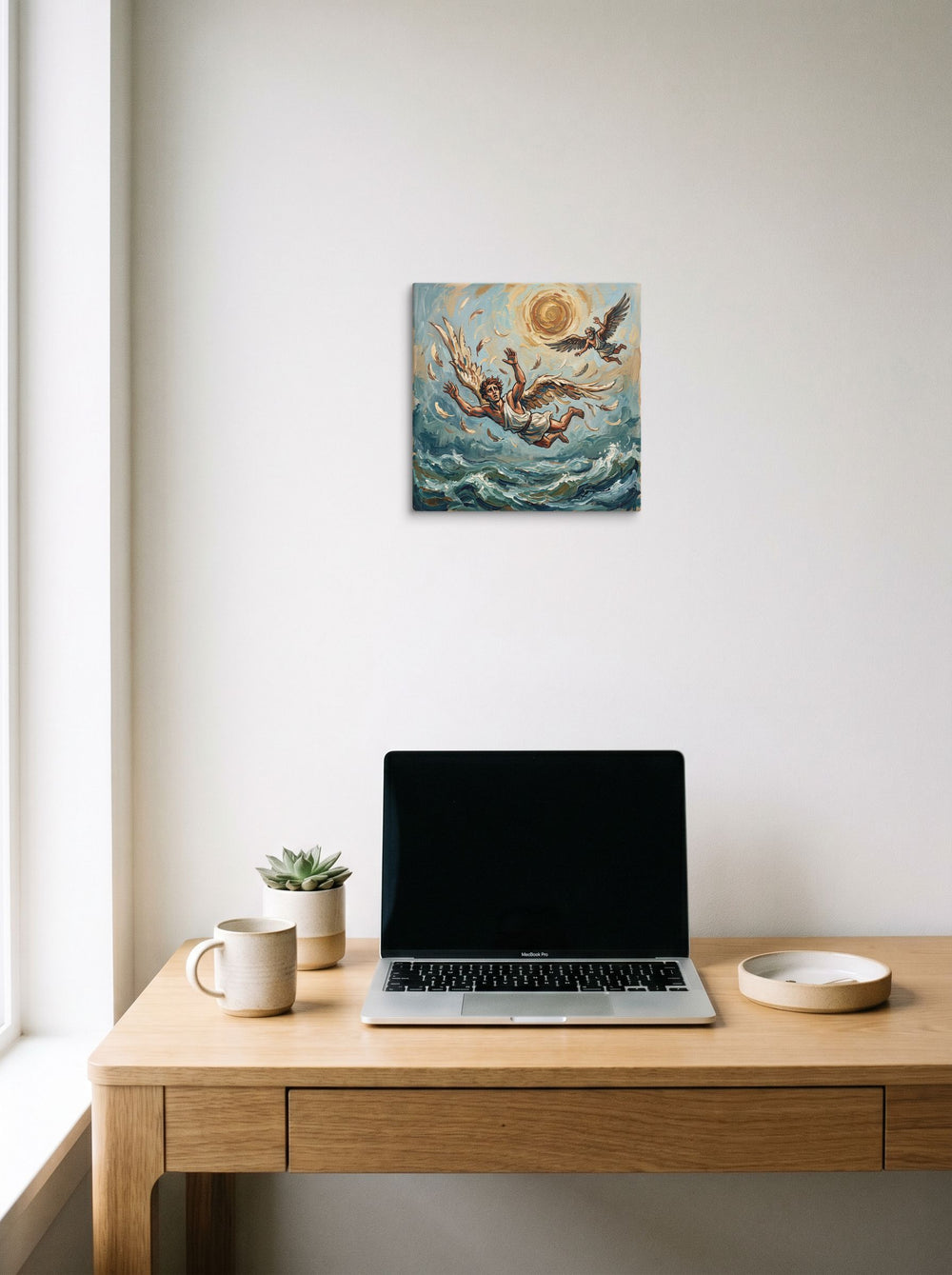 A 12x12 inch canvas Expressionism print of 'The Fall of Icarus', hanging above a worktable with a laptop.