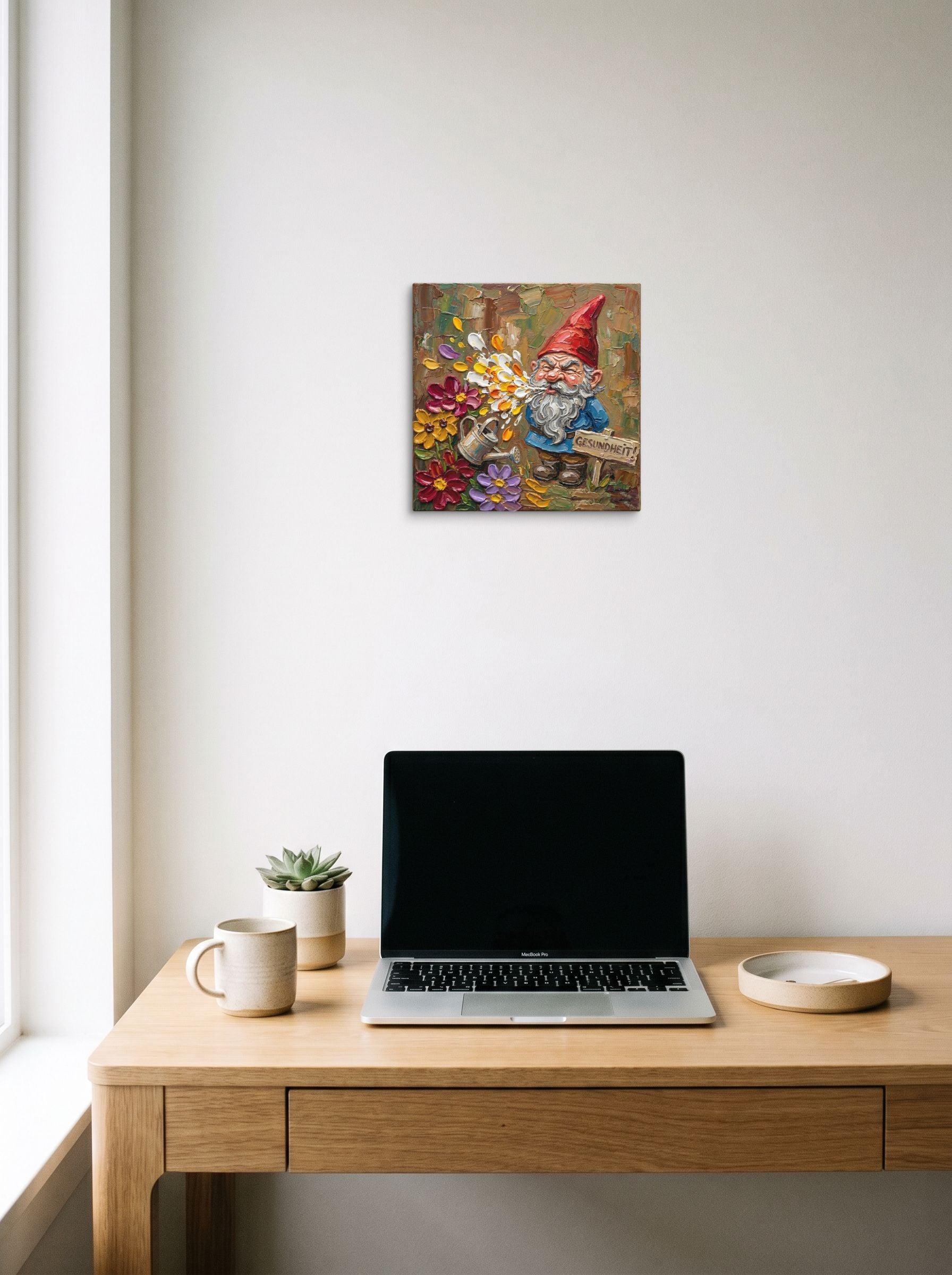 A 12x12 inch canvas Post-Impressionism print of 'Gesundheit Gnome' hanging above a worktable with a laptop.