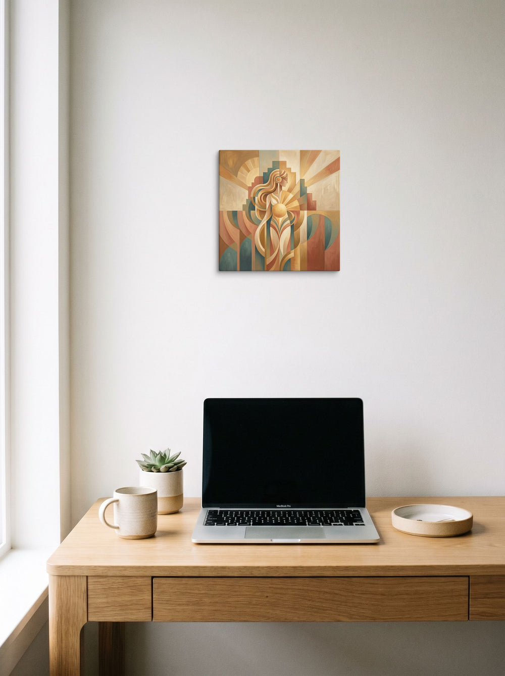A 12x12 inch canvas Art Deco print of 'The Sun Guardian' hanging above a worktable with a laptop.